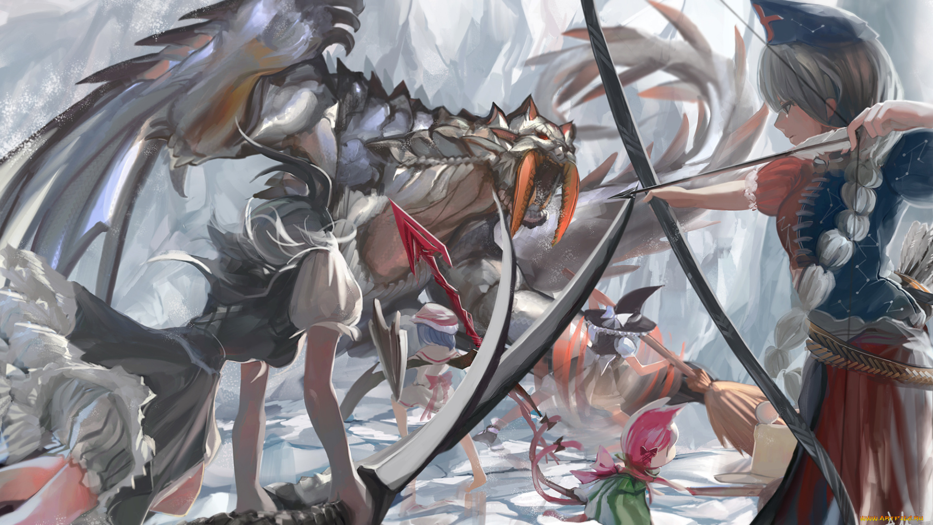 аниме, touhou, монстр, оружие, арт, девушки, monster, hunter