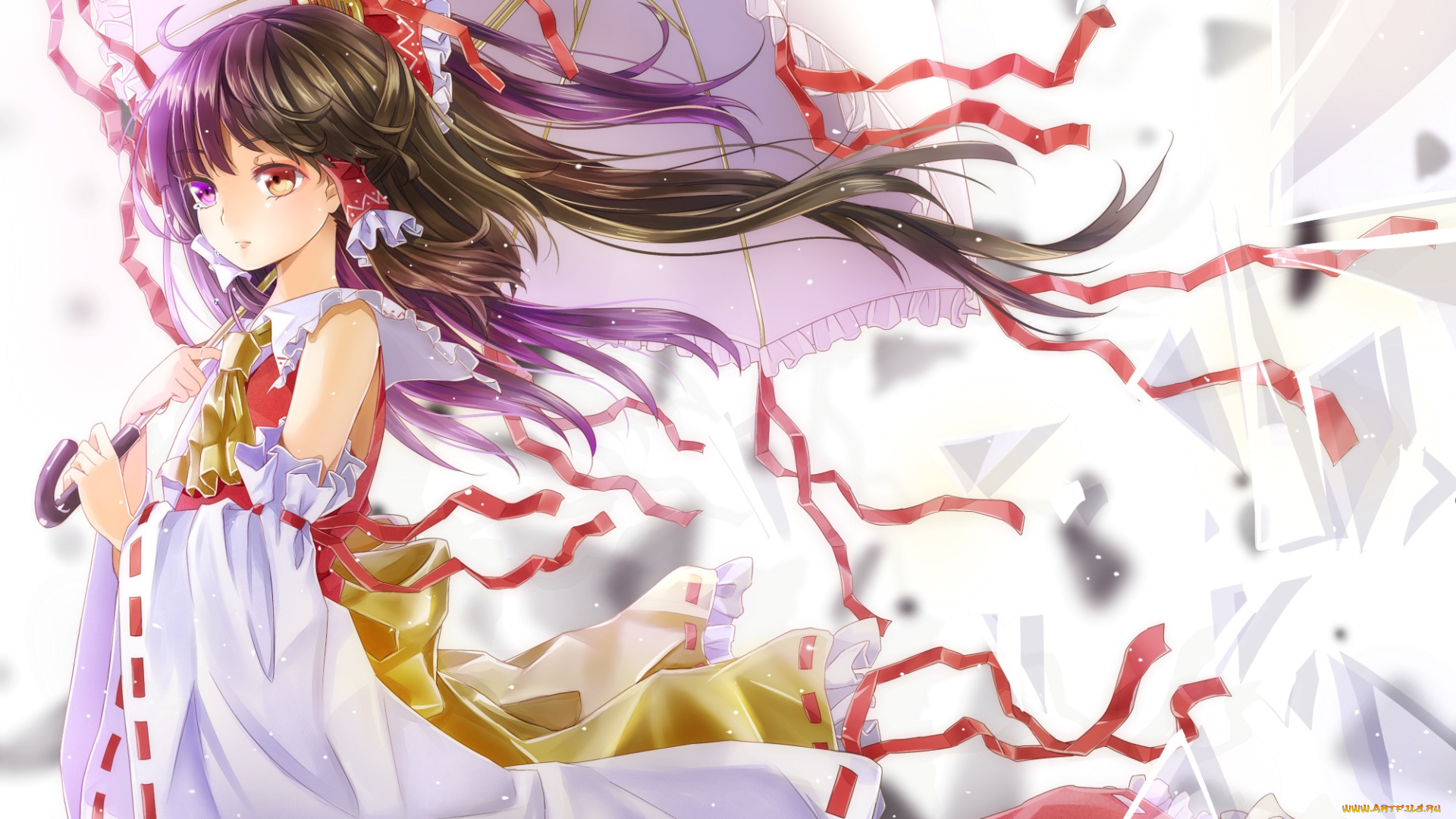 аниме, touhou, осколки, ленты, shironeko, yuuki, hakurei, reimu, зонт, девушка, арт