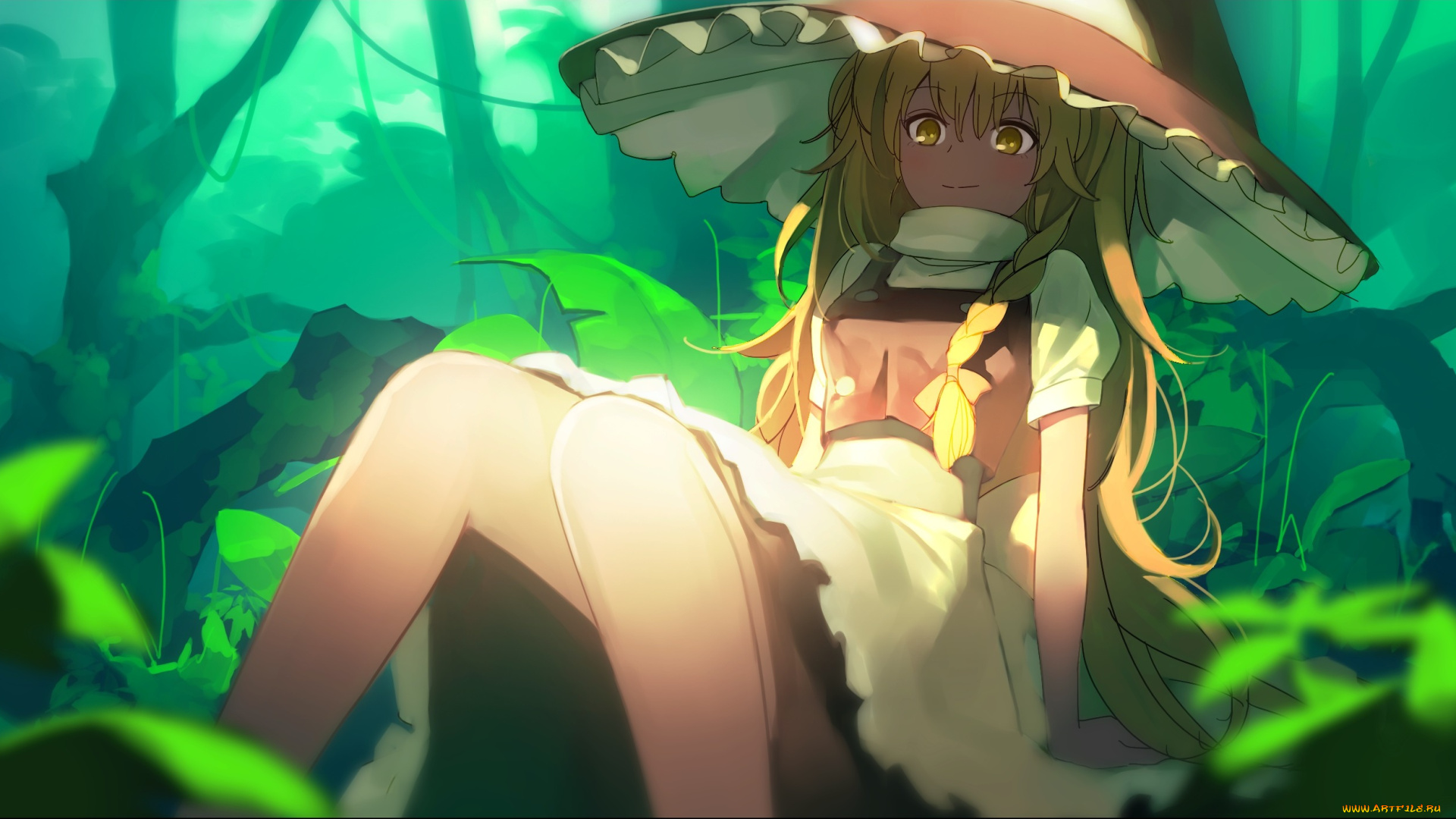 аниме, touhou, взгляд, jandy, природа, ноги, шляпа, девушка, арт, kirisame, marisa