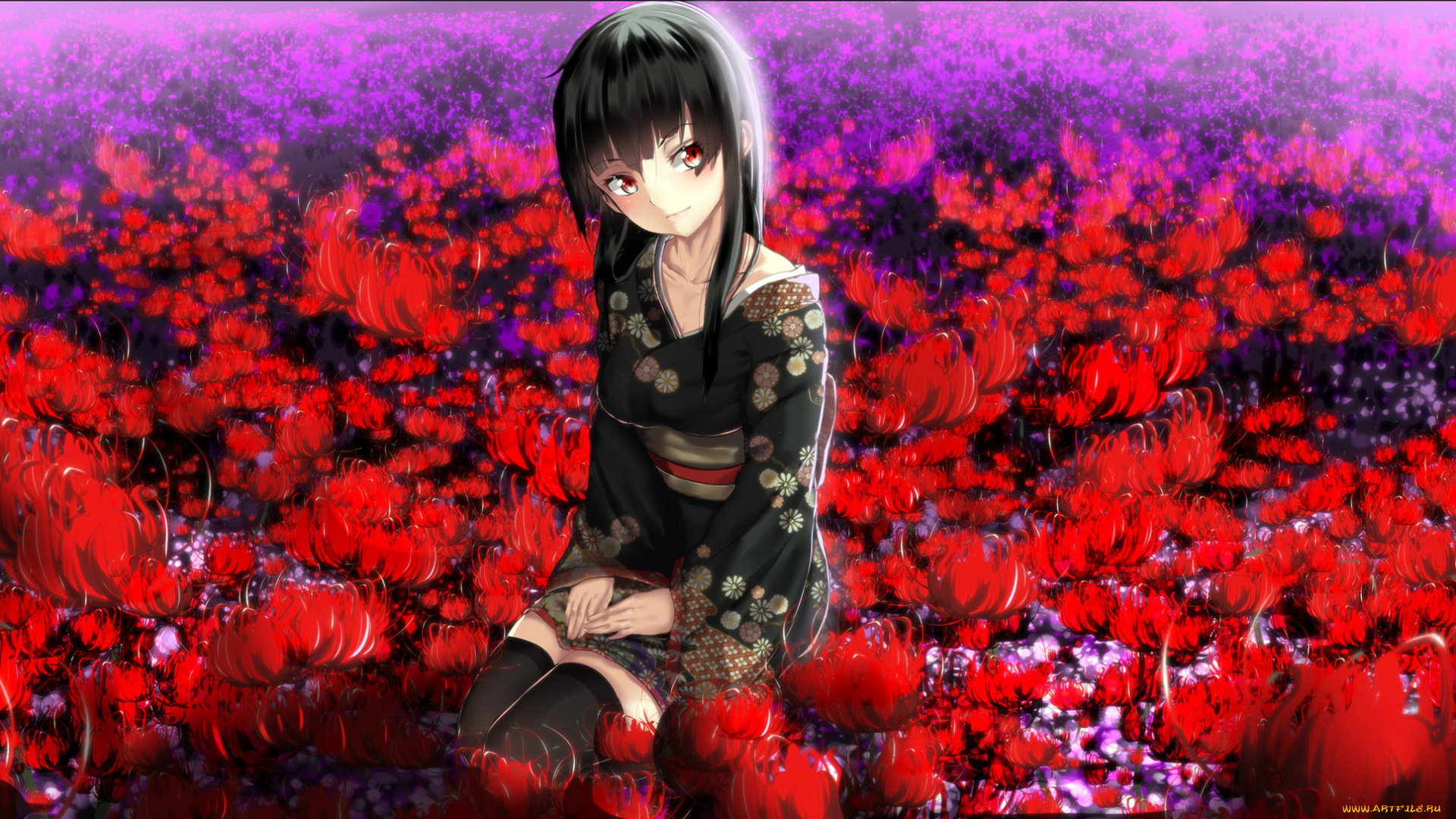 аниме, unknown, , другое, брюнетка, взгляд, красные, поле, цветы, девушка