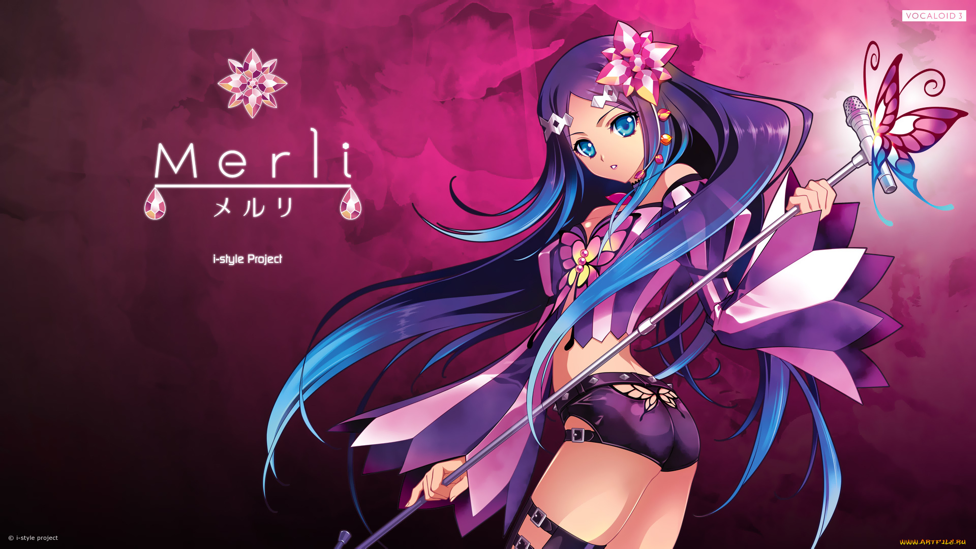 аниме, vocaloid, девушка, арт, шорты, бабочка, merli, carnelian, кристаллы, украшения, микрофон, взгляд