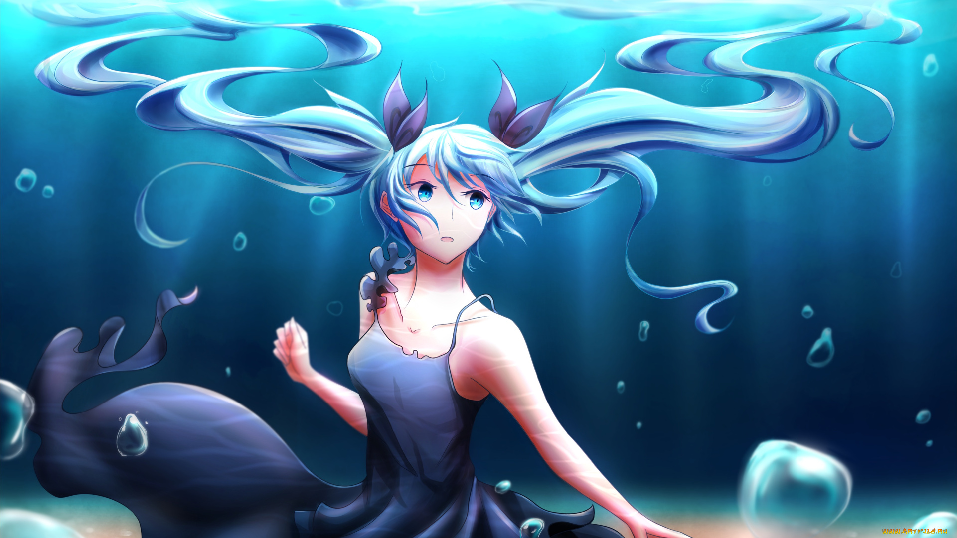 аниме, vocaloid, платье, пузырьки, вода, девушка, hatsune, miku, арт