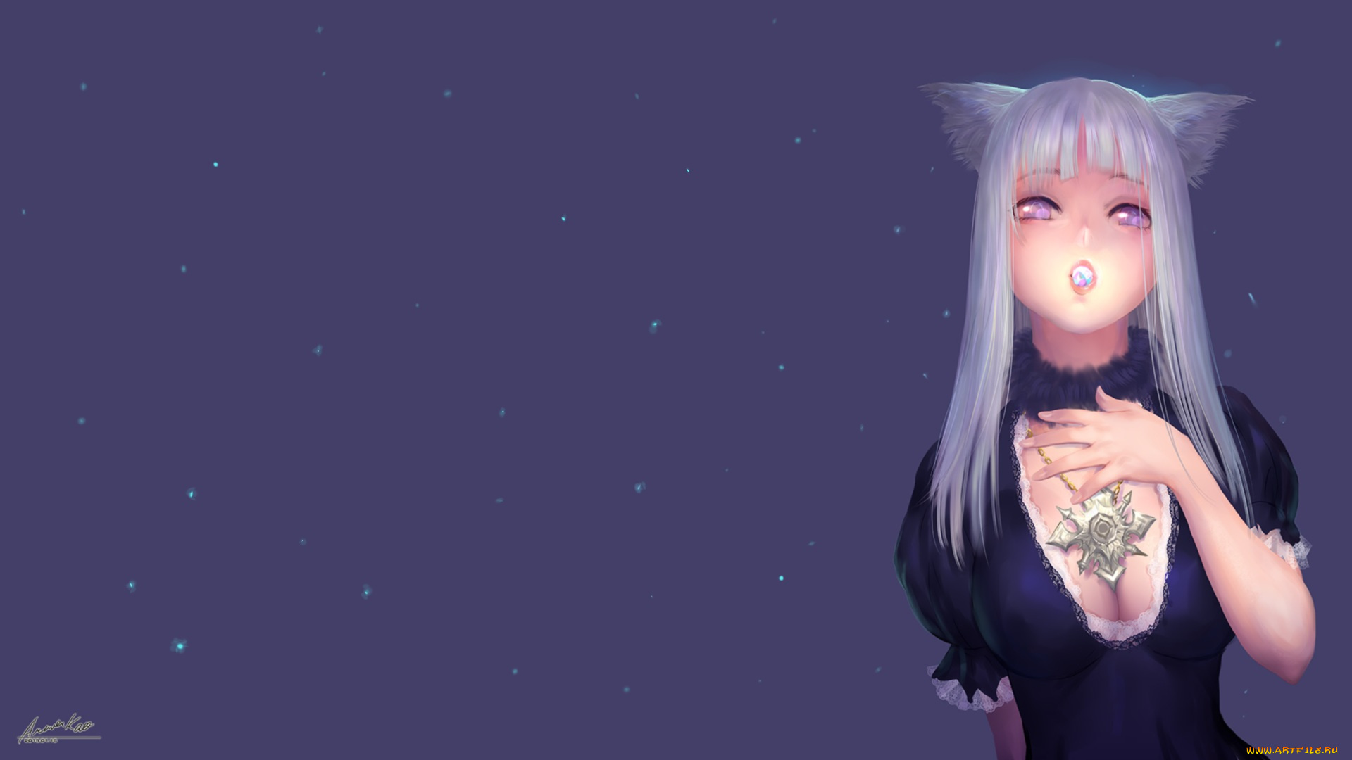 аниме, животные, , существа, арт, девушка, ariverkao, взгляд, фон, ушки, неко