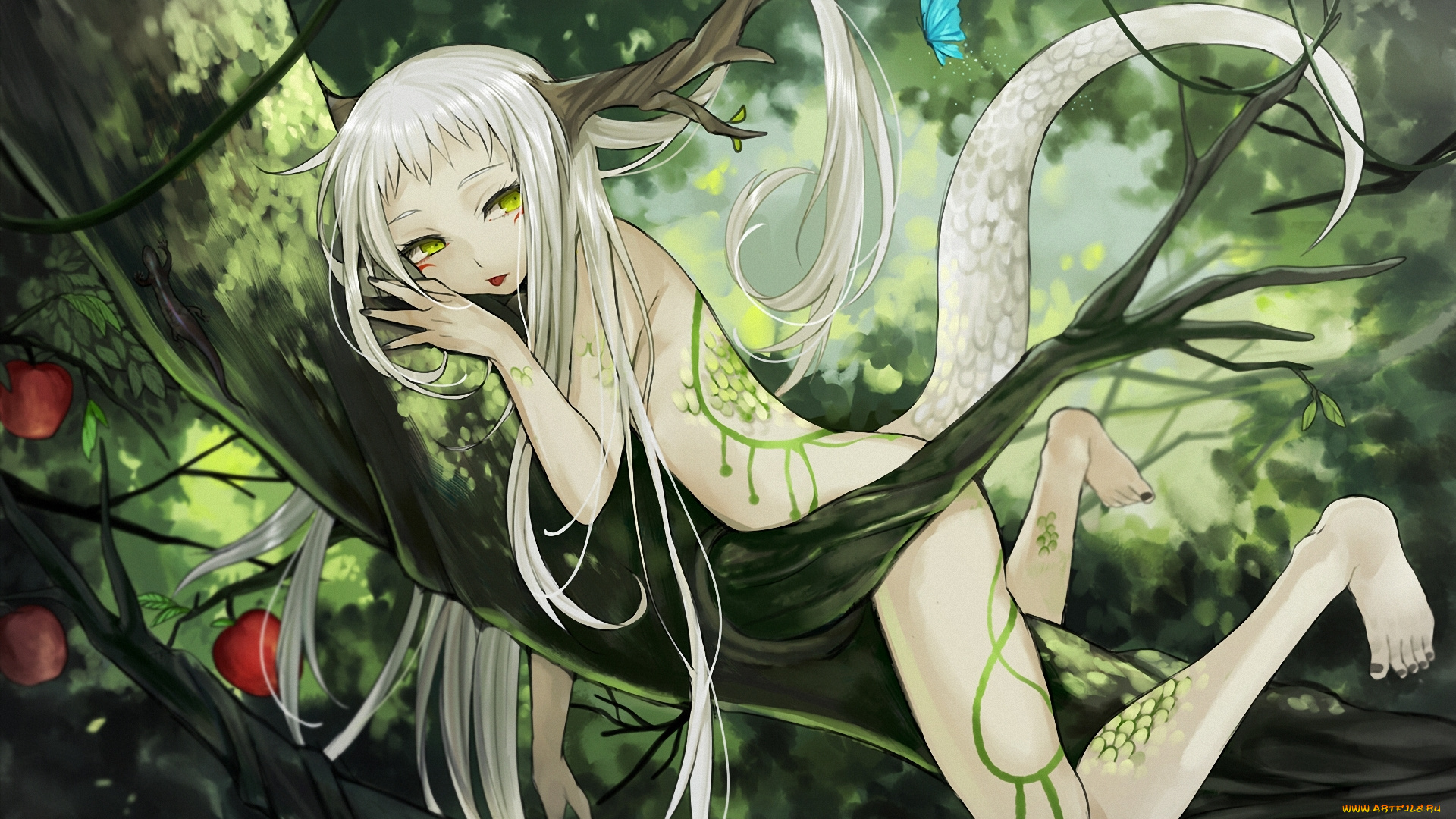 аниме, животные, , существа, девочка, harano, арт, белые, волосы, ветка, бабочка, тату, узор, чешуя, хвост, яблоки, рога, дерево