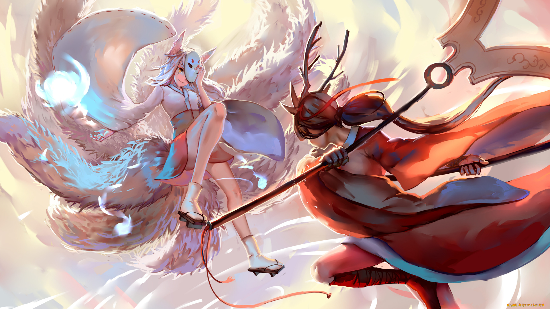 аниме, животные, , существа, девушки, sishenfan, арт, оружие, акали, league, of, legends, ари, akali, ahri