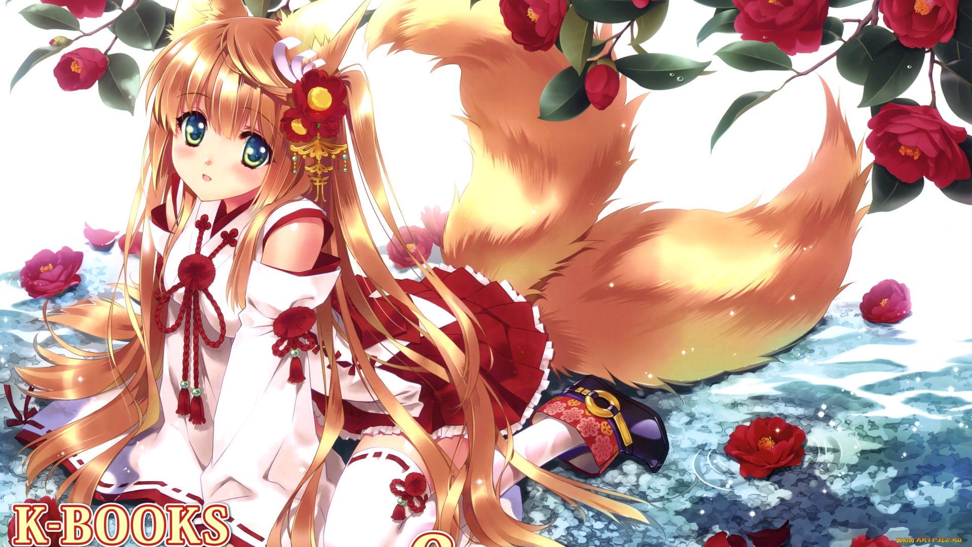 аниме, животные, , существа, камелии, хвосты, красные, девушка, взгляд, цветы, вода, carnelian, арт
