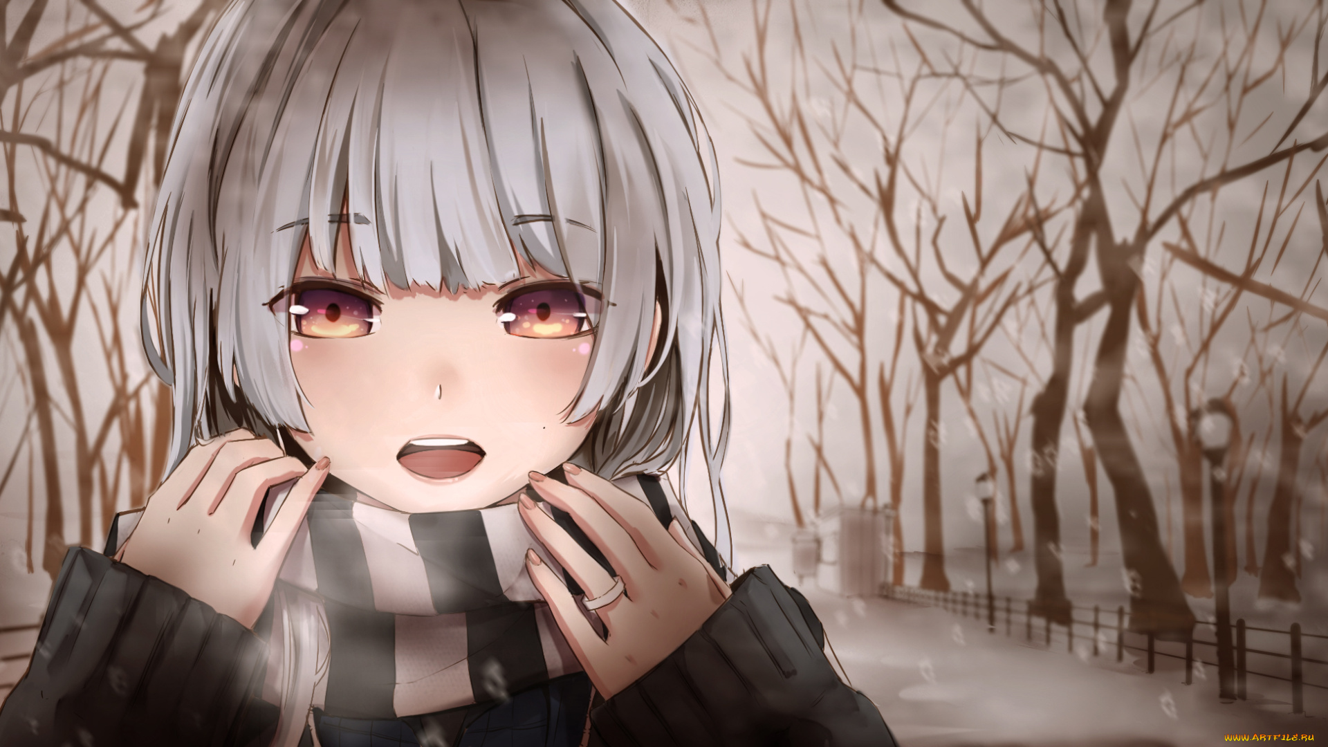 аниме, зима, , новый, год, , рождество, портрет, деревья, девушка, взгляд, лицо, magicians