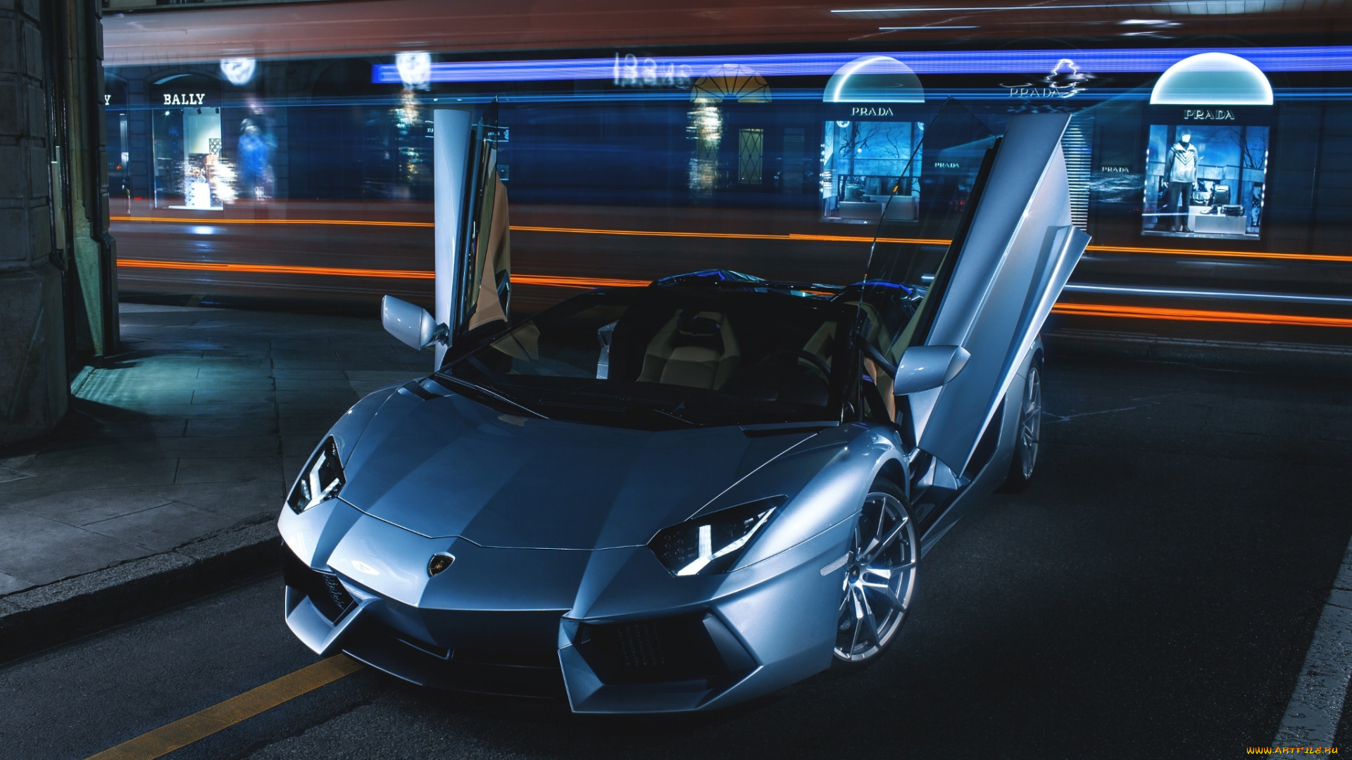 автомобили, lamborghini, roadster, lp700-4, aventador, nigth, road, door, silver, supercars, ligth, city