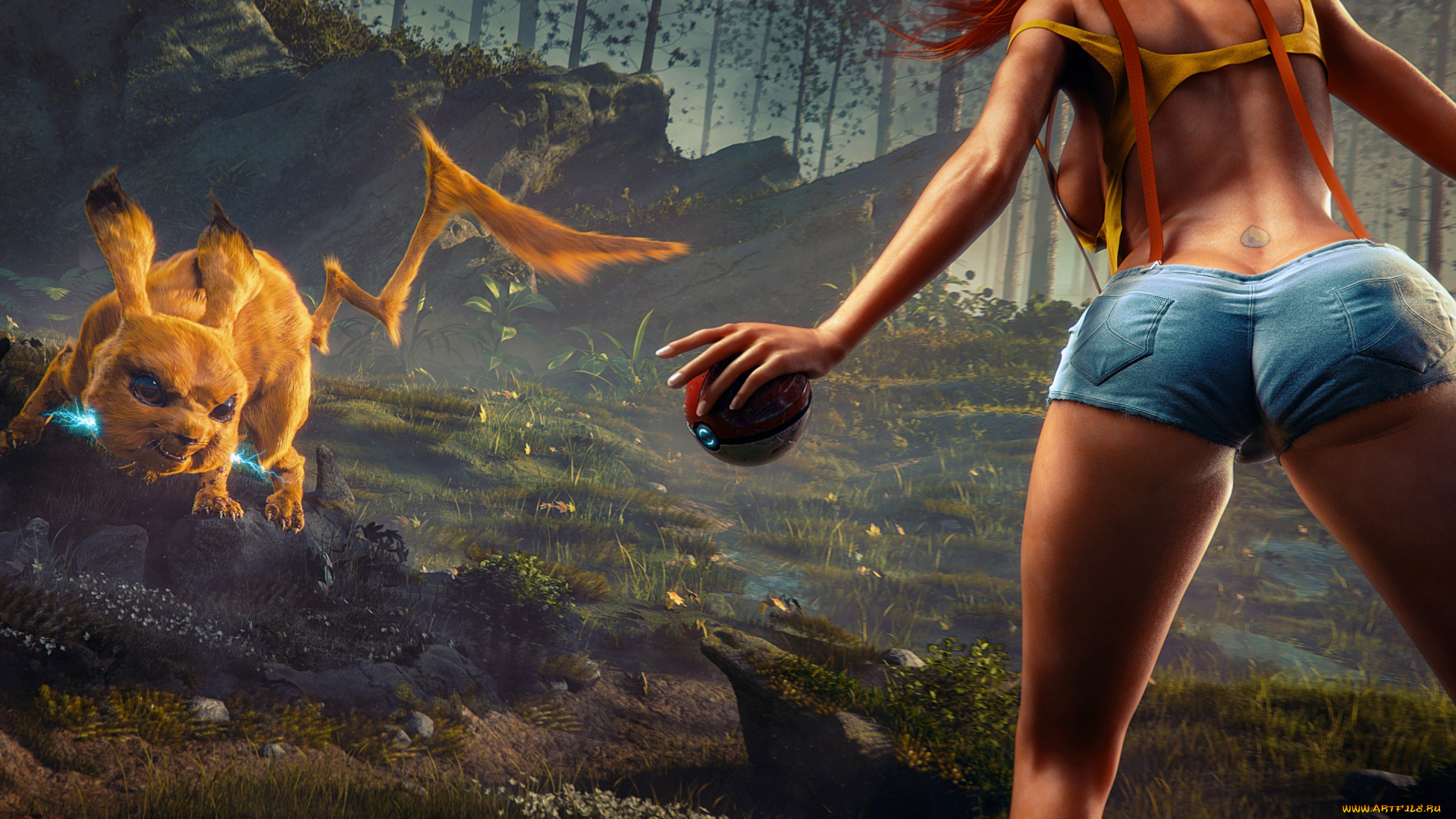 фэнтези, красавицы, и, чудовища, шорты, kasumi, девушка, art, pokemon, лес, магия, pikachu, сражение, шар, попка