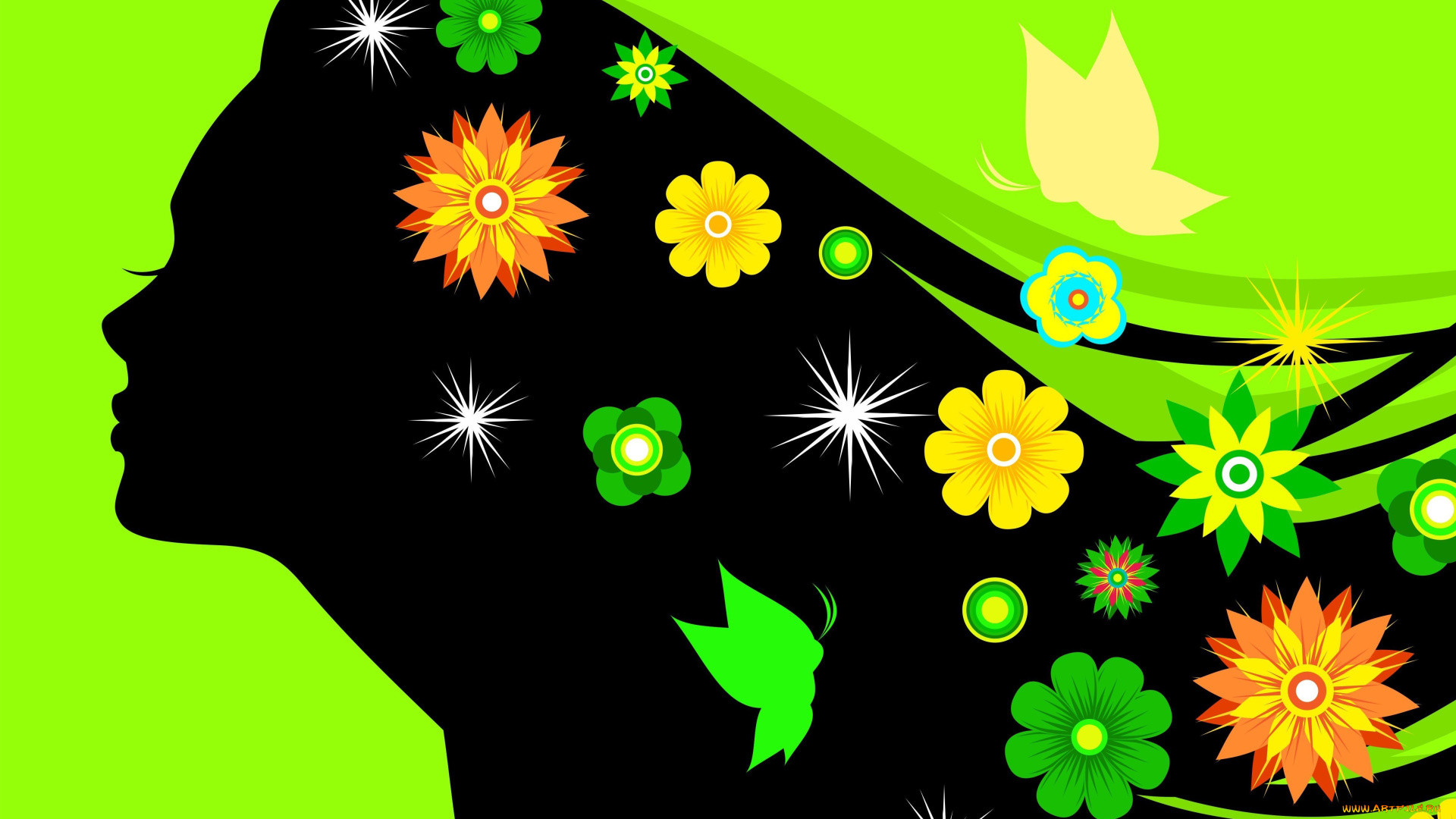 векторная, графика, девушки, зеленый, фон, девушка, силуэт, цветы, ресницы, волосы