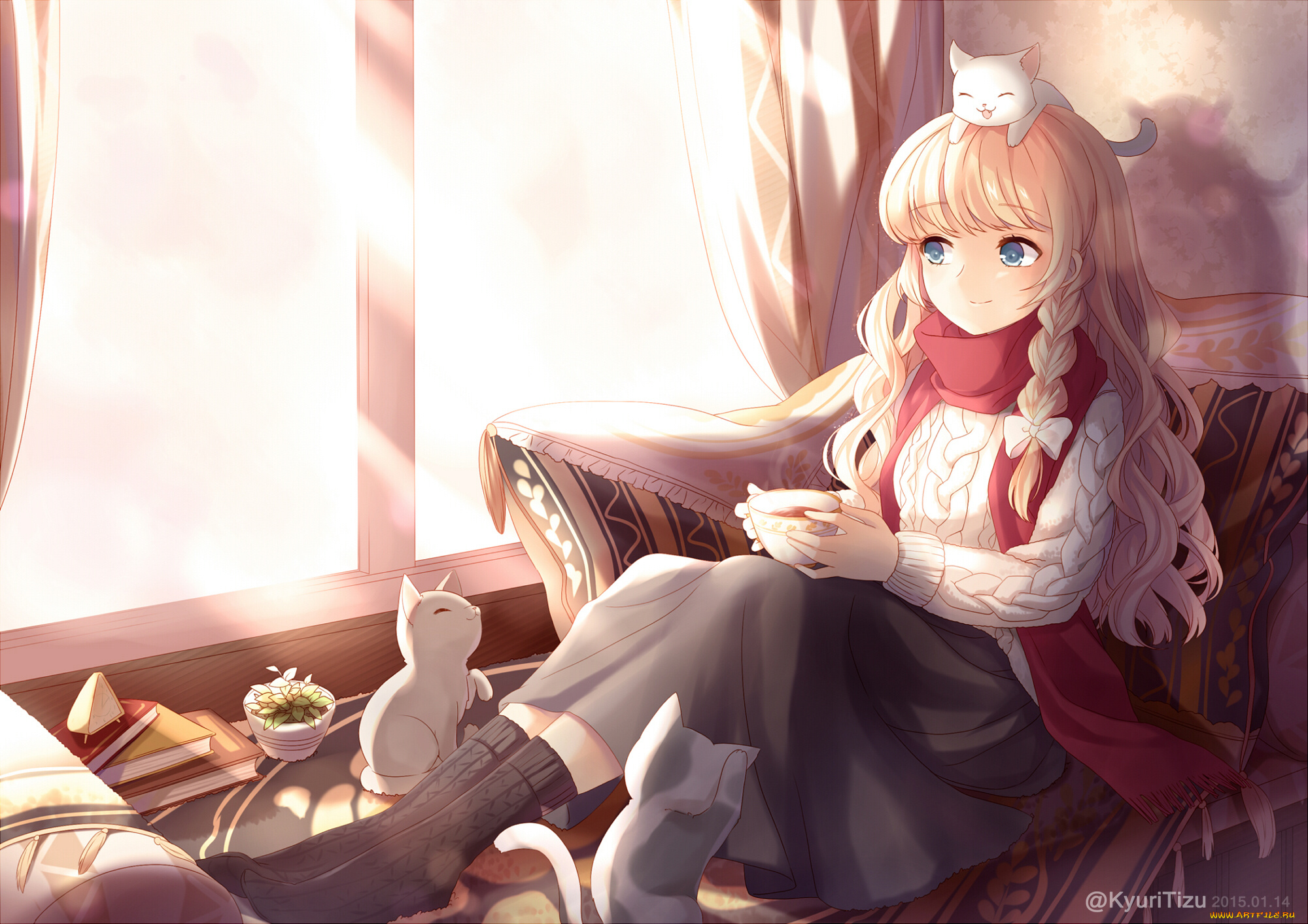 аниме, touhou, чашка, окно, kyuri, kirisame, marisa, косы, блондинка, котята, девушка, 405966795