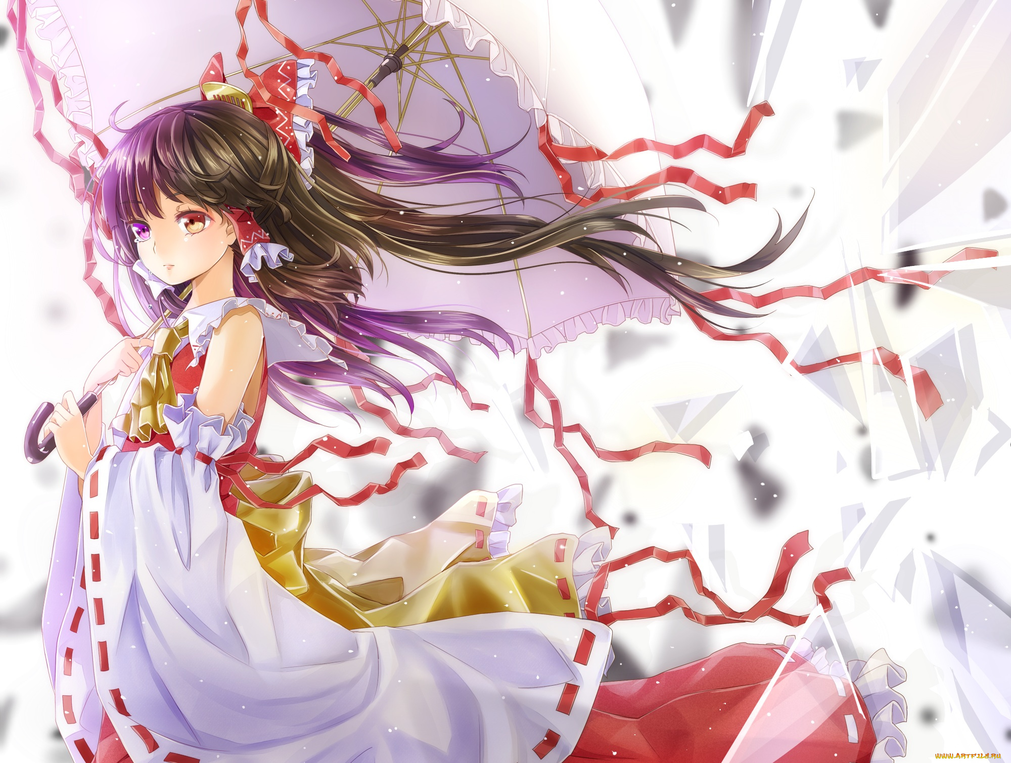аниме, touhou, осколки, ленты, shironeko, yuuki, hakurei, reimu, зонт, девушка, арт