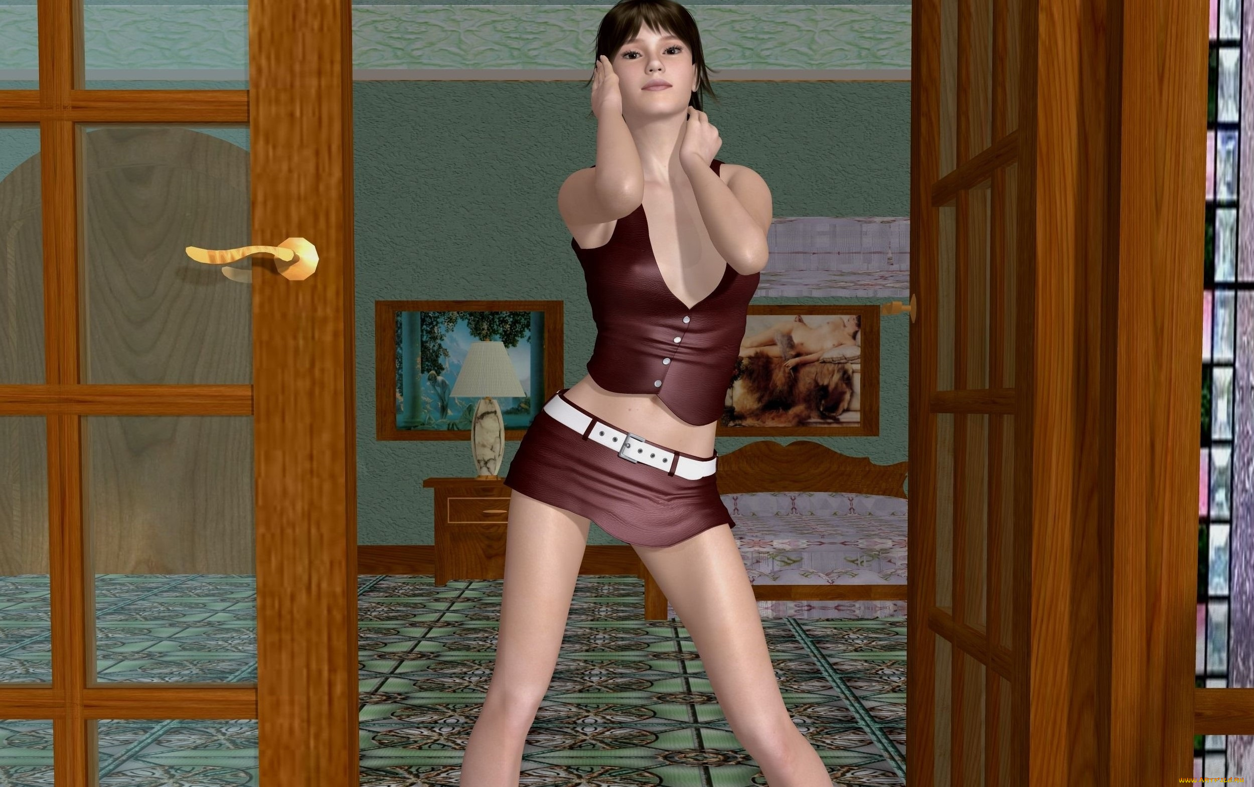 3д, графика, люди, , people, фон, светильник, картины, кровать, взгляд, дверь, девушка