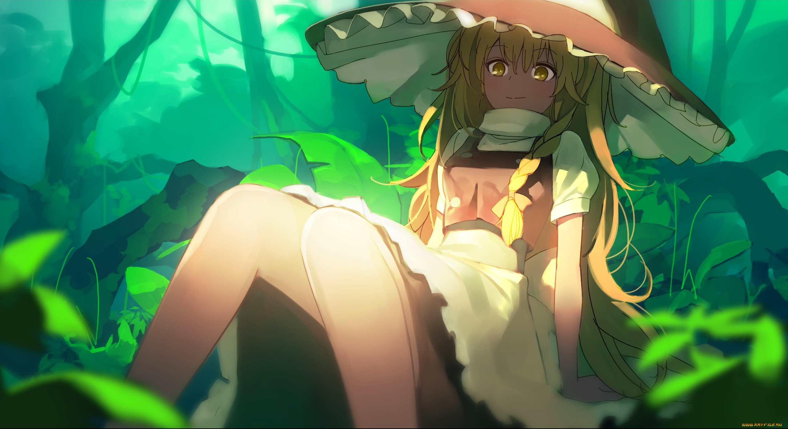 аниме, touhou, взгляд, jandy, природа, ноги, шляпа, девушка, арт, kirisame, marisa