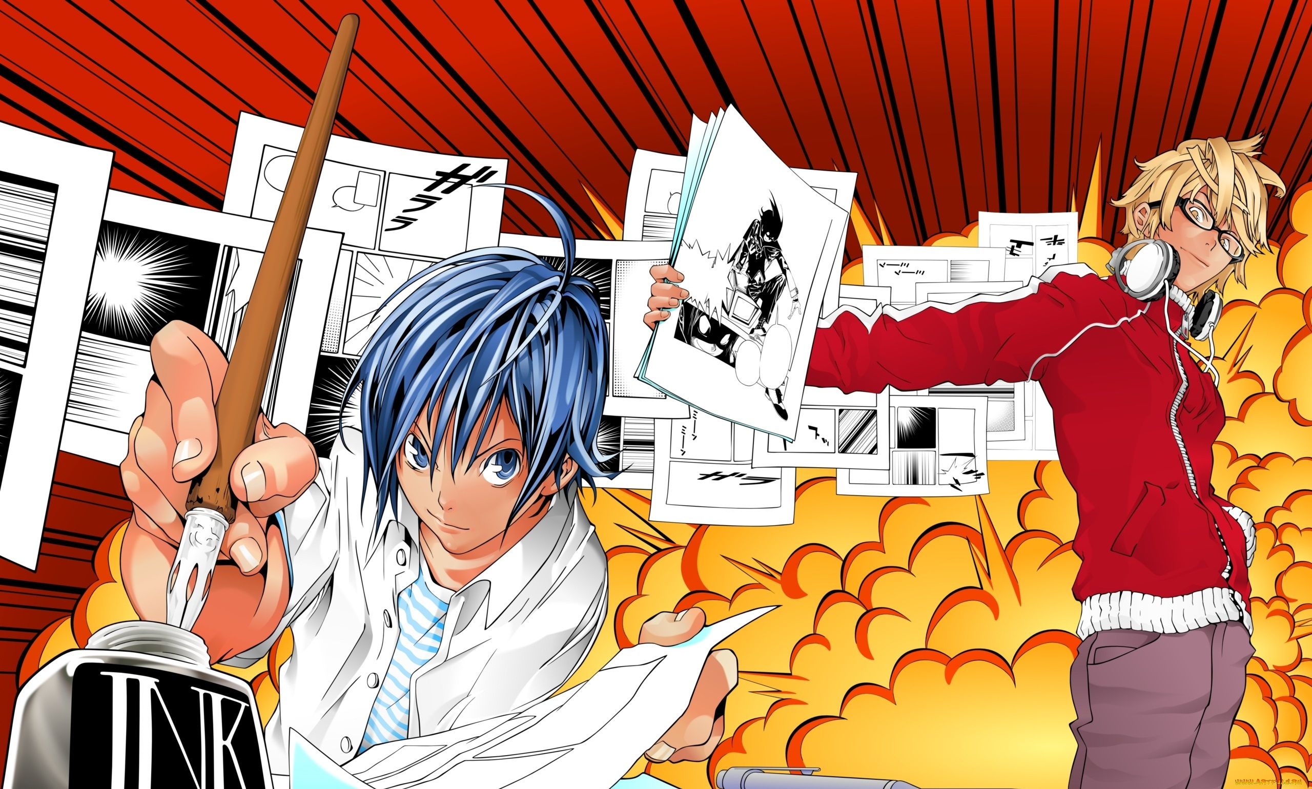 аниме, bakuman, mashiro, moritaka, маширо, листы, манга, авторы, парни, akito, takagi, бакуман