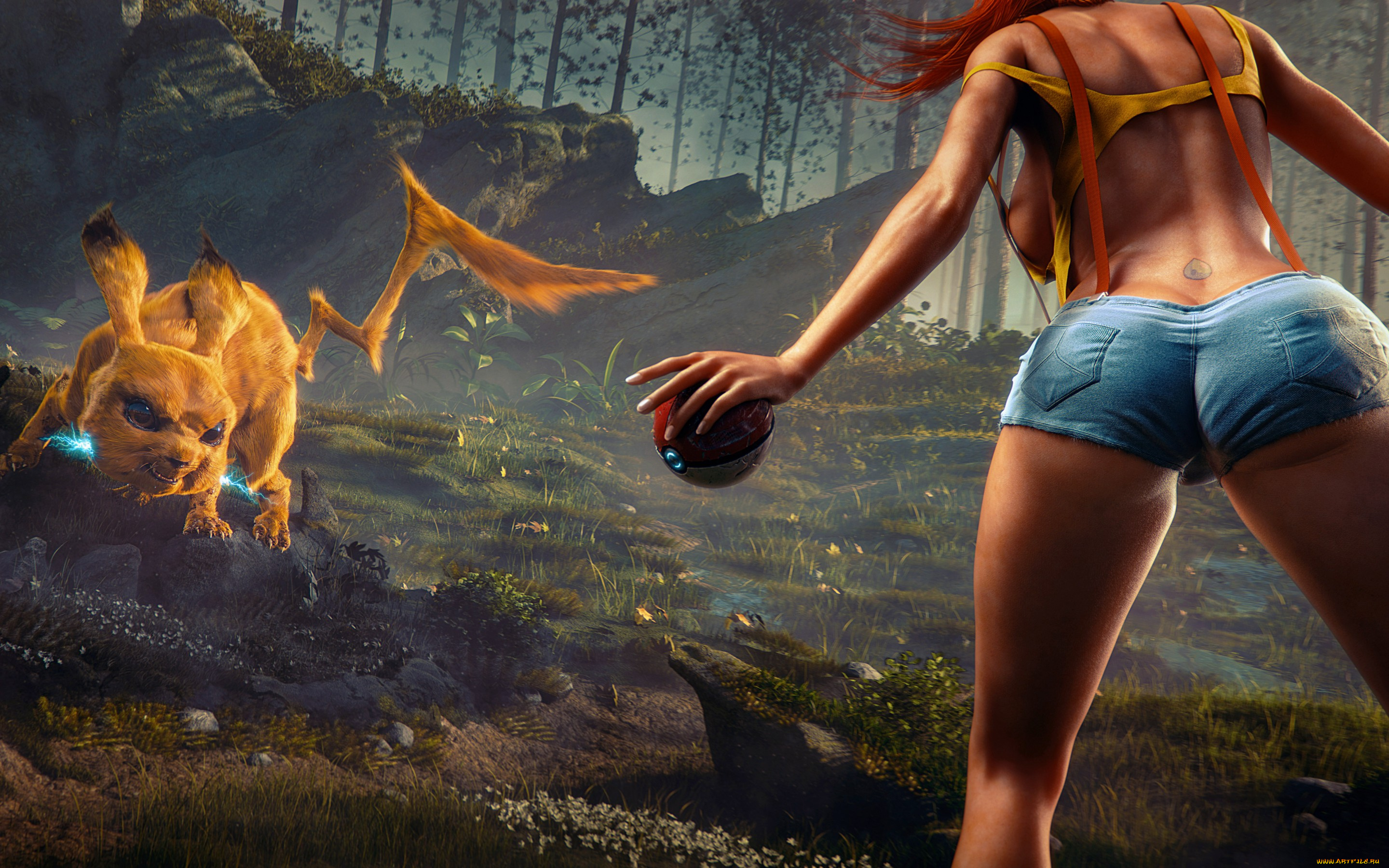 фэнтези, красавицы, и, чудовища, шорты, kasumi, девушка, art, pokemon, лес, магия, pikachu, сражение, шар, попка