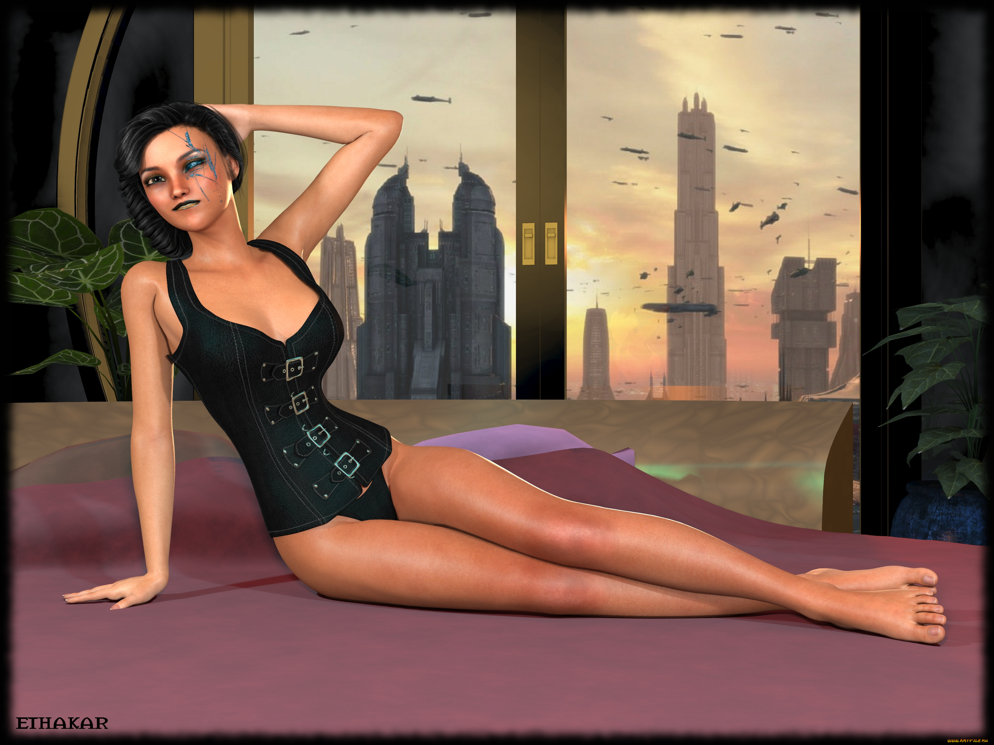 3д, графика, люди, , people, город, фон, кровать, окно, взгляд, девушка