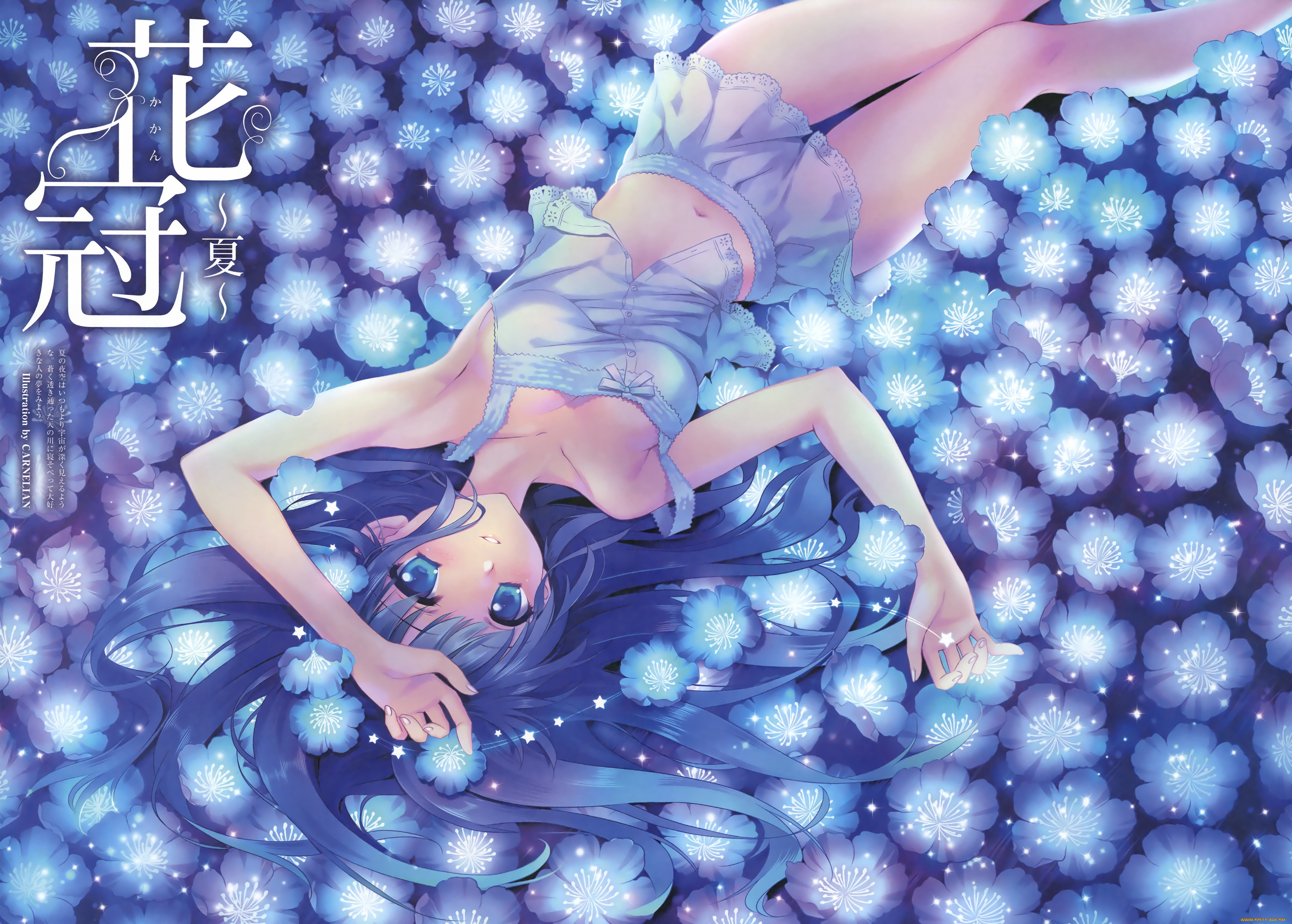 аниме, carnelian, вода, цветы, взгляд, девушка, арт