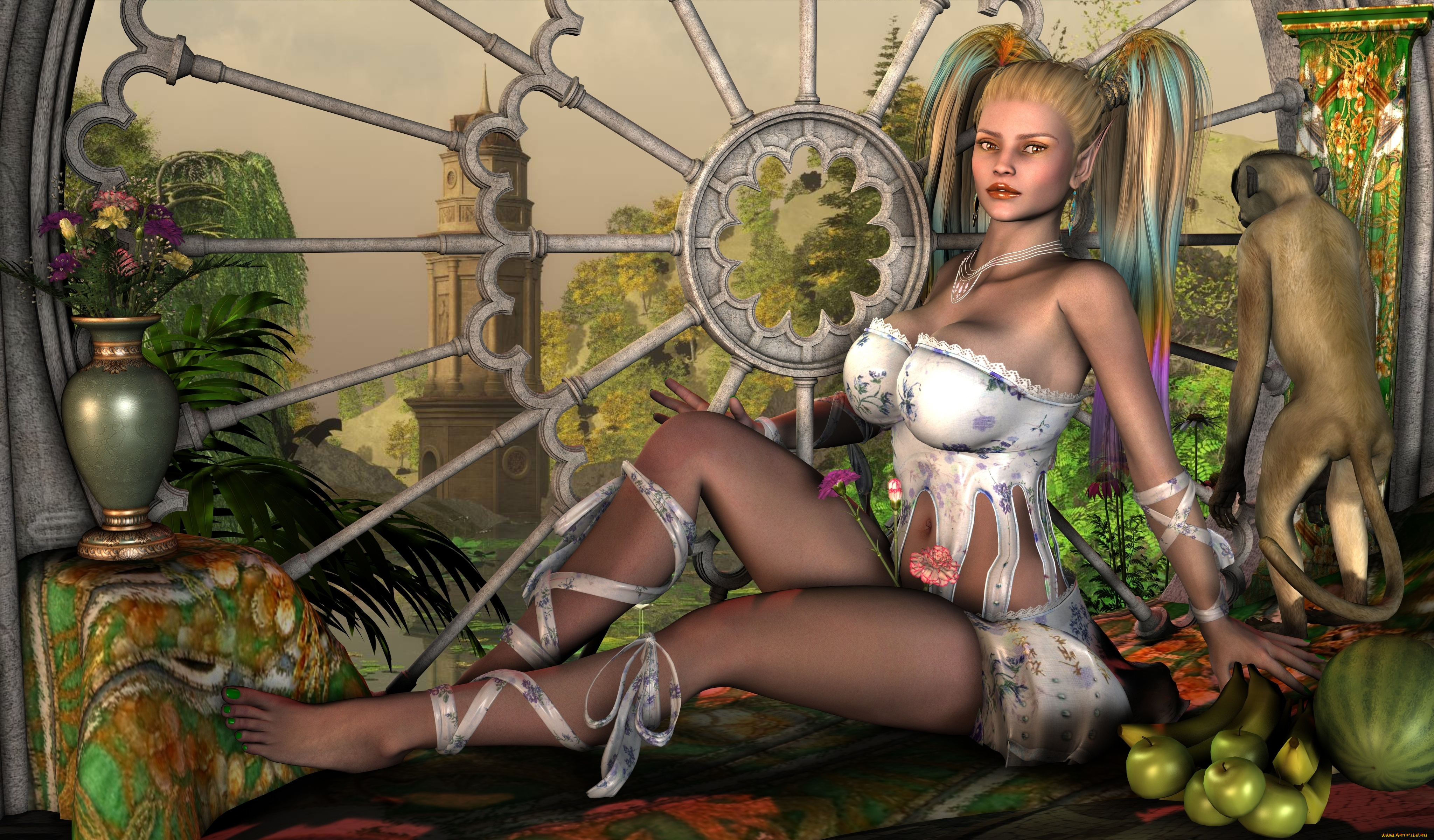 3д, графика, люди, , people, взгляд, девушка, амфора, обезьяна, фрукты, фон