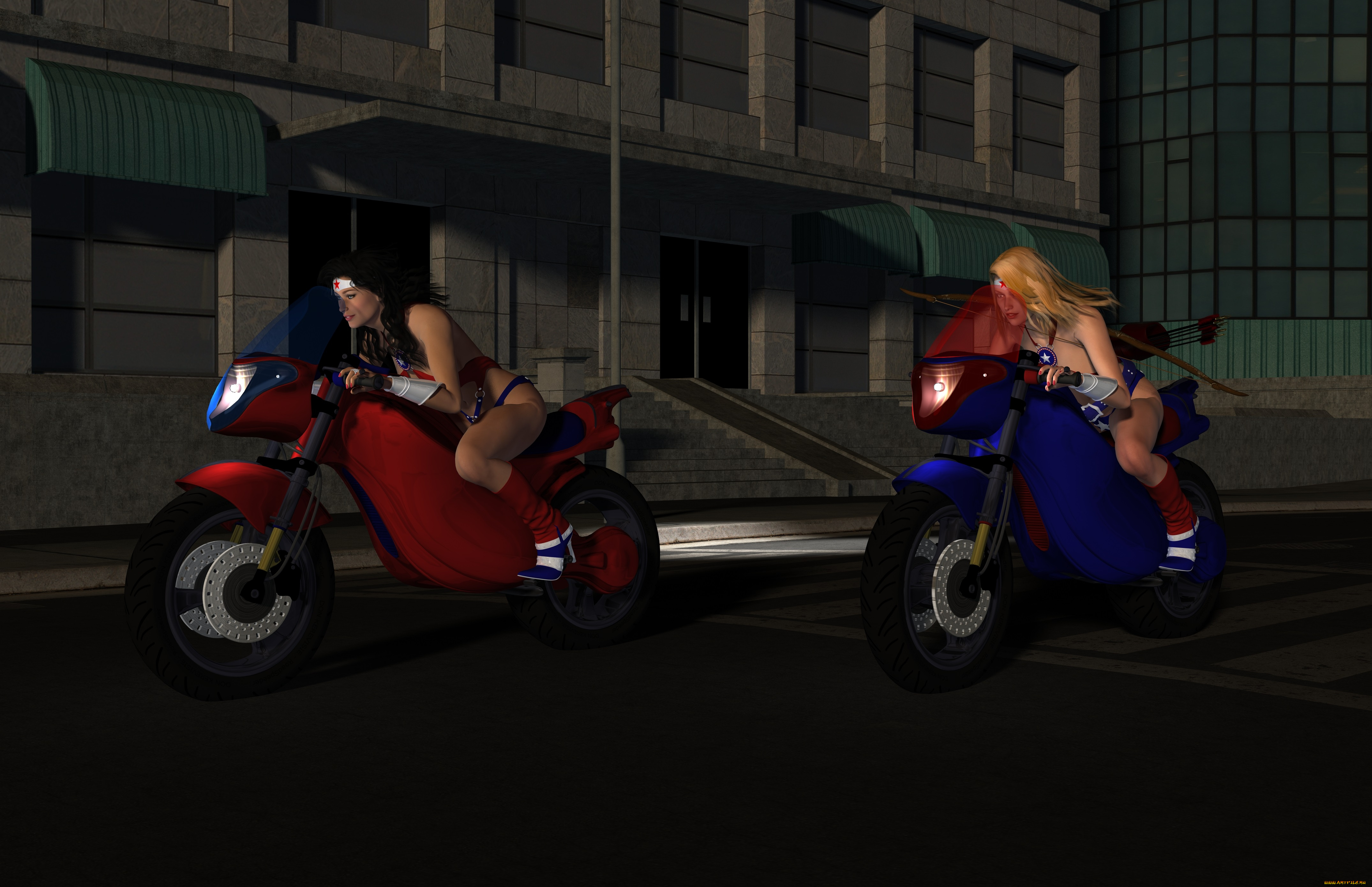 amazon, arrow, 3д, графика, фантазия, , fantasy, девушки, взгляд, фон, мотоциклы