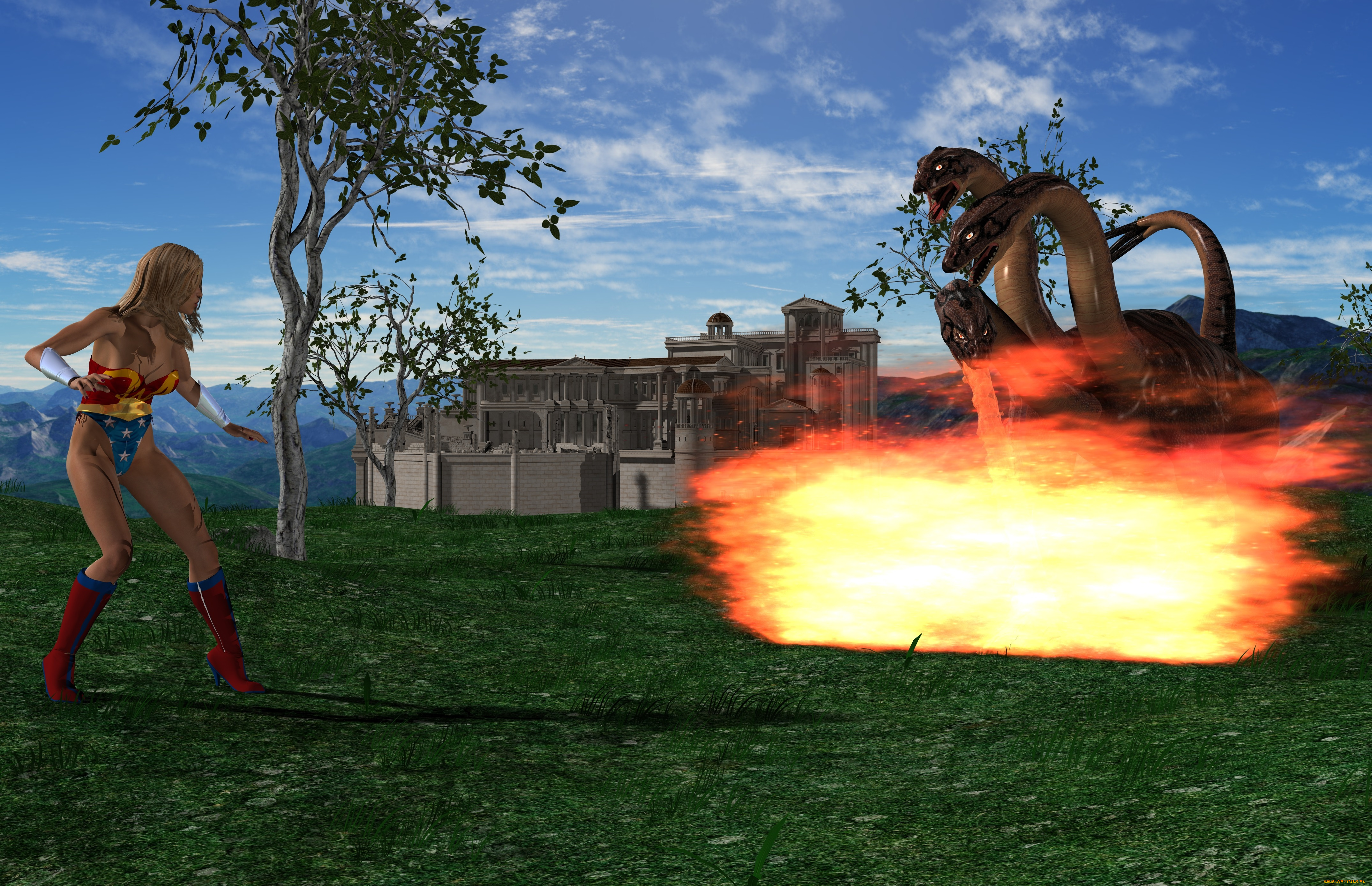 amazon, arrow, 3д, графика, фантазия, , fantasy, девушка, взгляд, фон, дракон, огонь