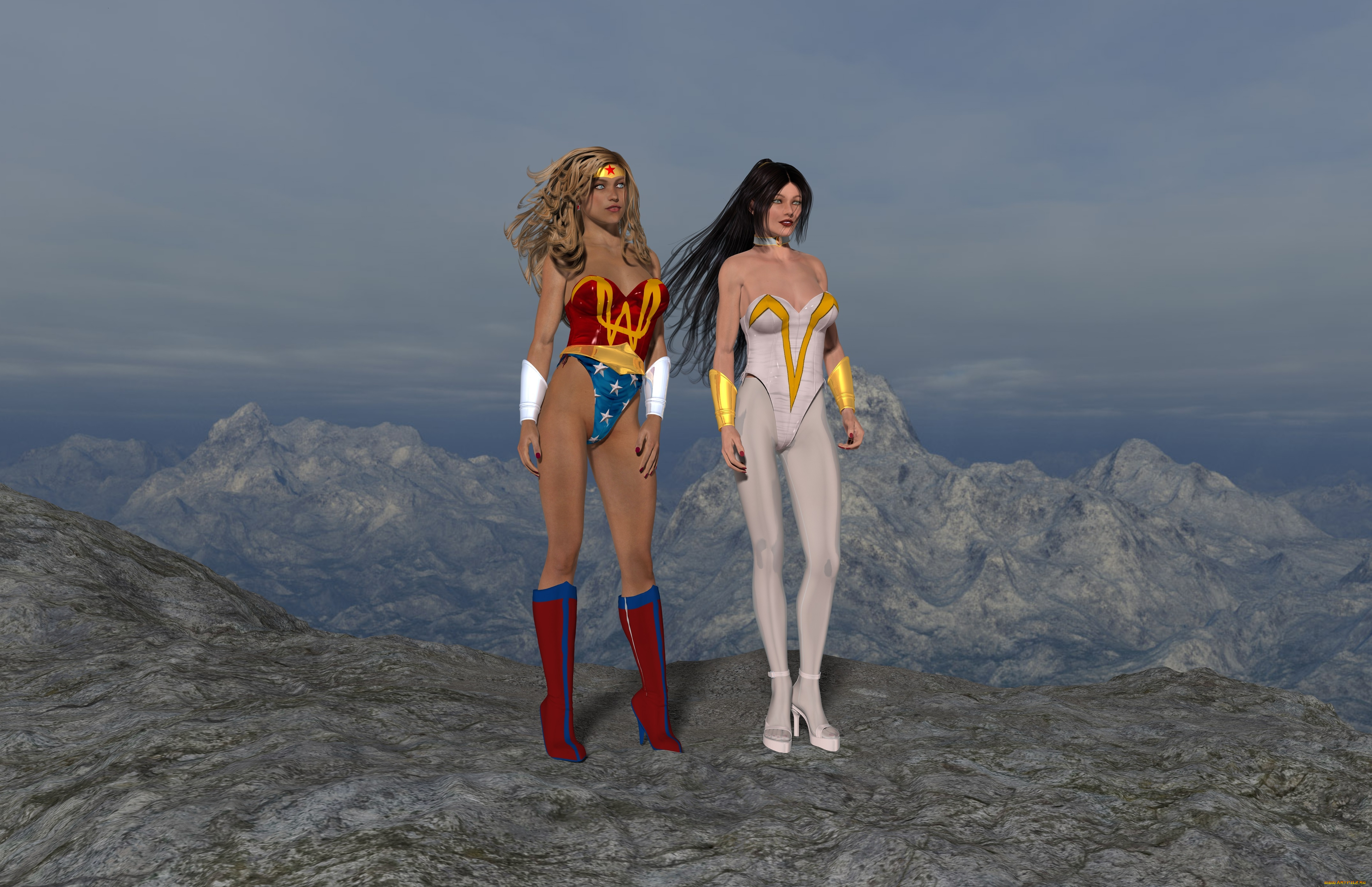 amazon, arrow, 3д, графика, фантазия, , fantasy, девушки, взгляд, фон, горы