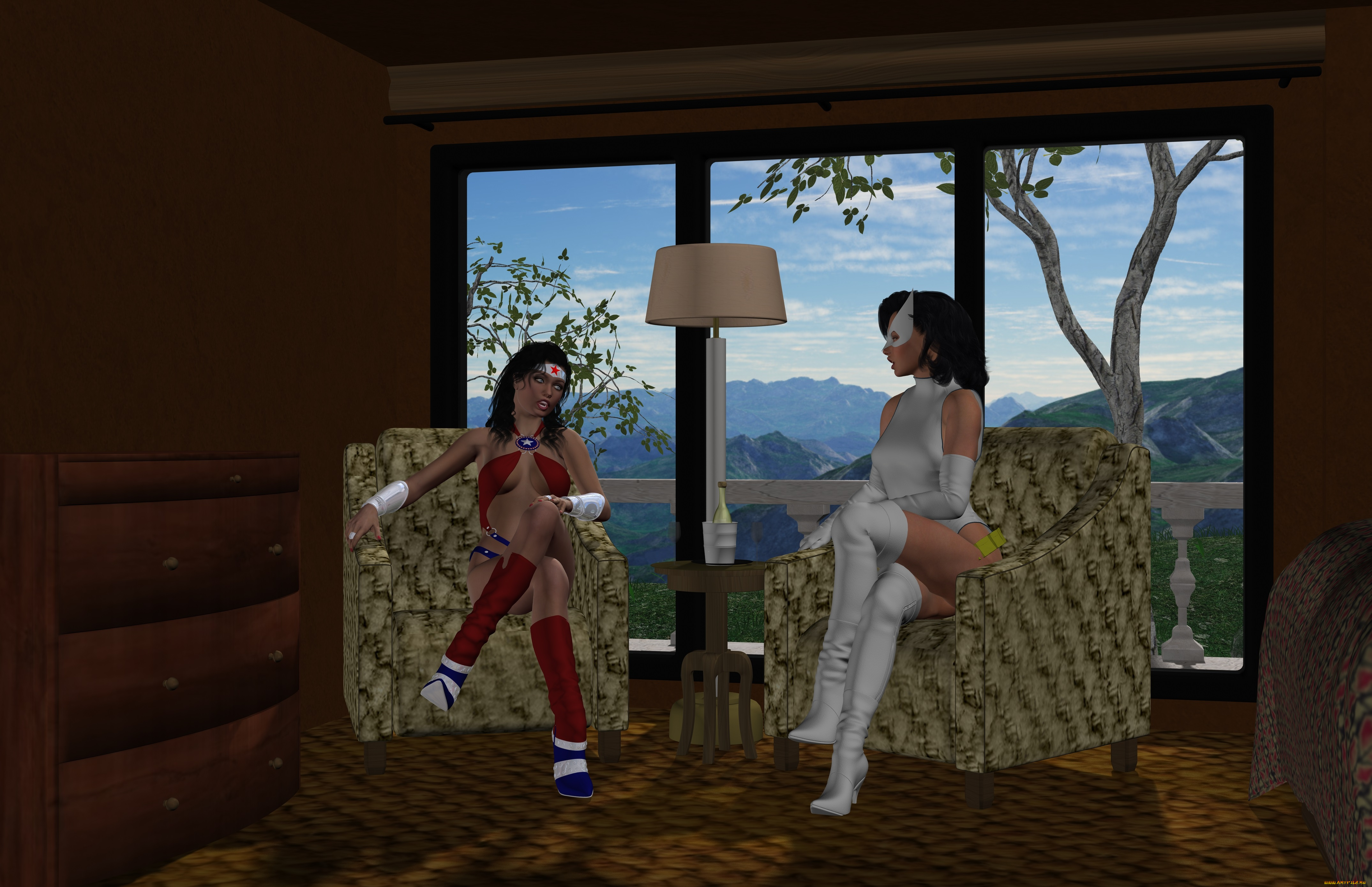 amazon, arrow, 3д, графика, фантазия, , fantasy, девушки, взгляд, фон, разговор