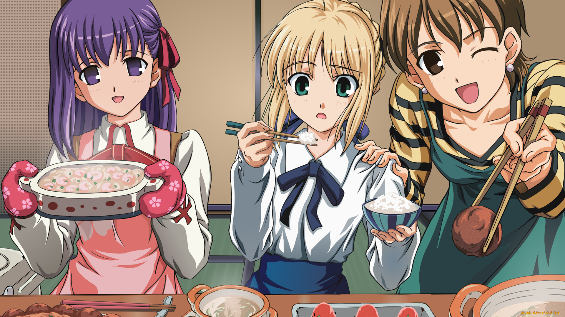 аниме, fate, stay, night, девушки, еда, сейбер