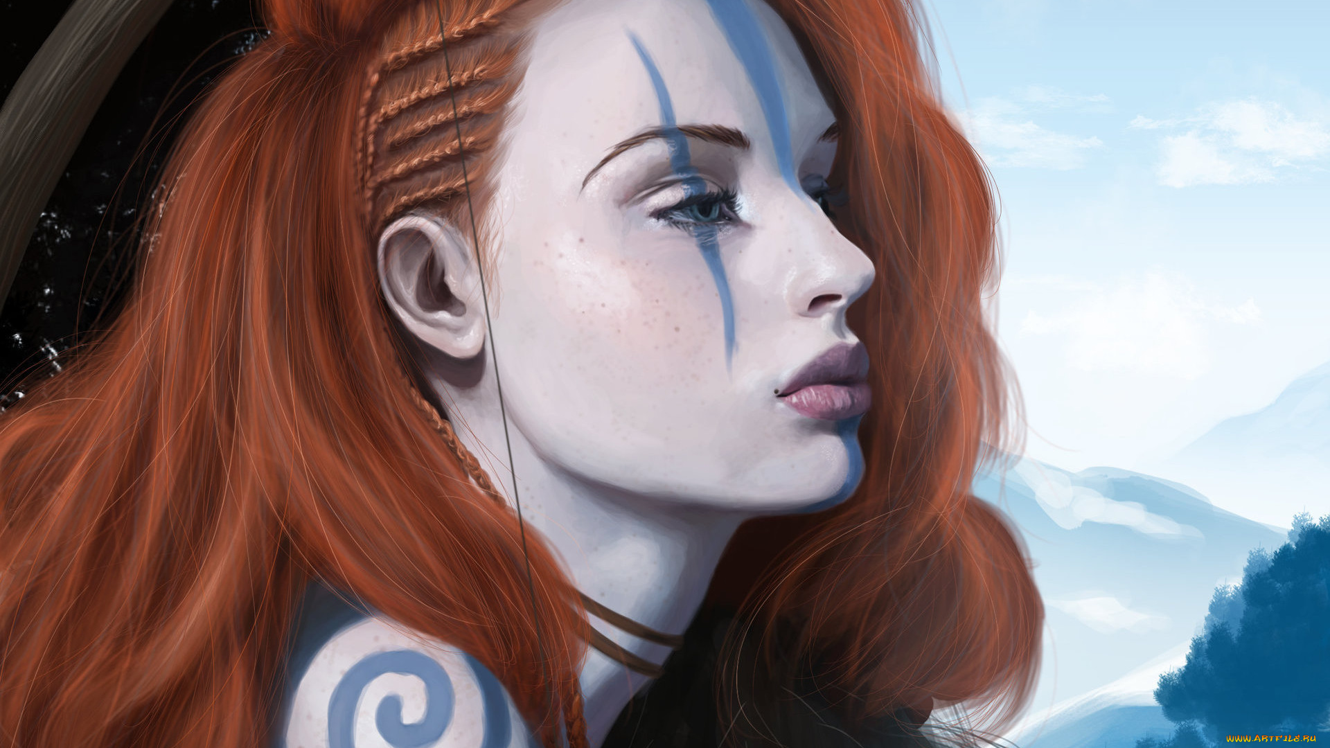 фэнтези, девушки, профиль, взгляд, девушка, лук, охотник, фантастика, арт