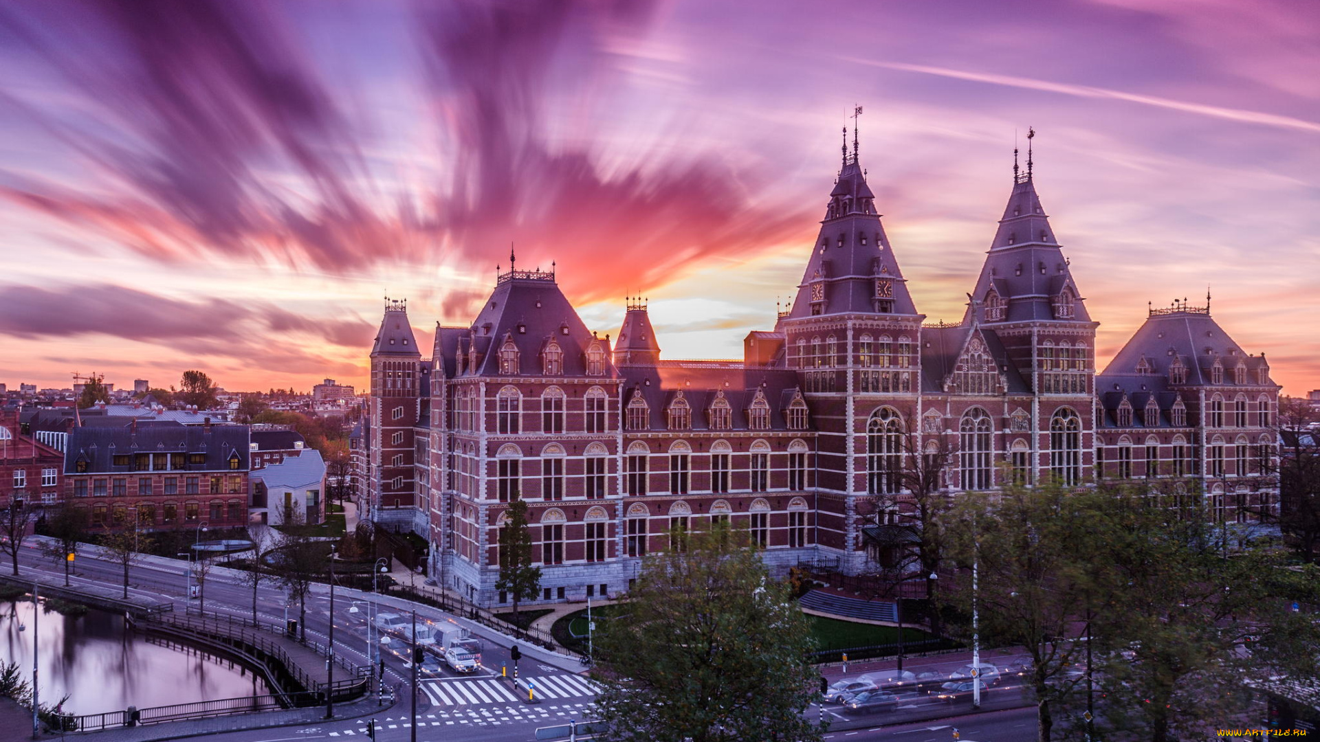 города, -, панорамы, город, здание, архитектура, река, закат, дорога, улица