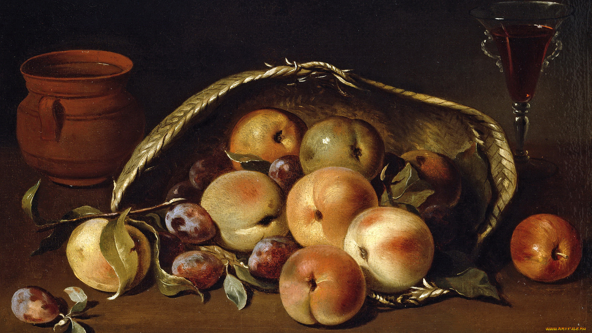 рисованное, еда, корзина, с, персиками, и, сливами, натюрморт, картина