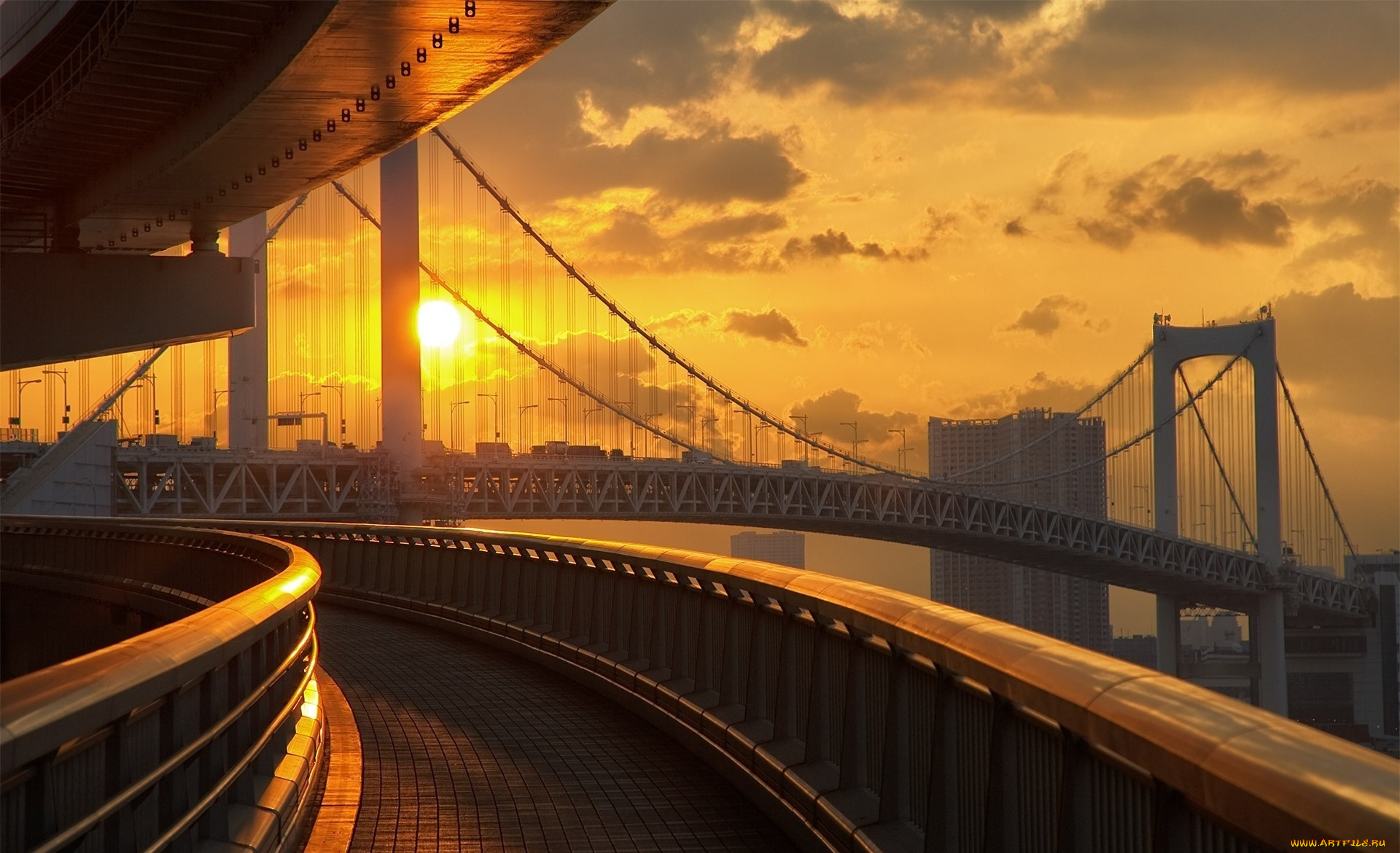 города, -, мосты, город, закат, мосты, дома, здания