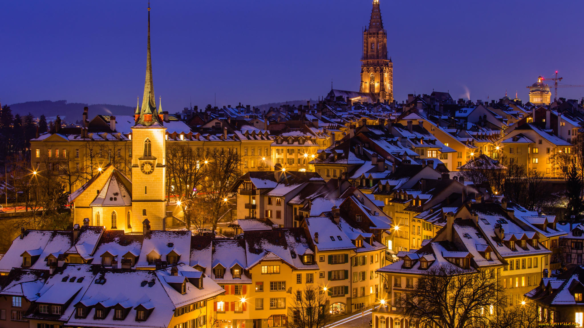 города, берн, , швейцария, берн, город, ночь