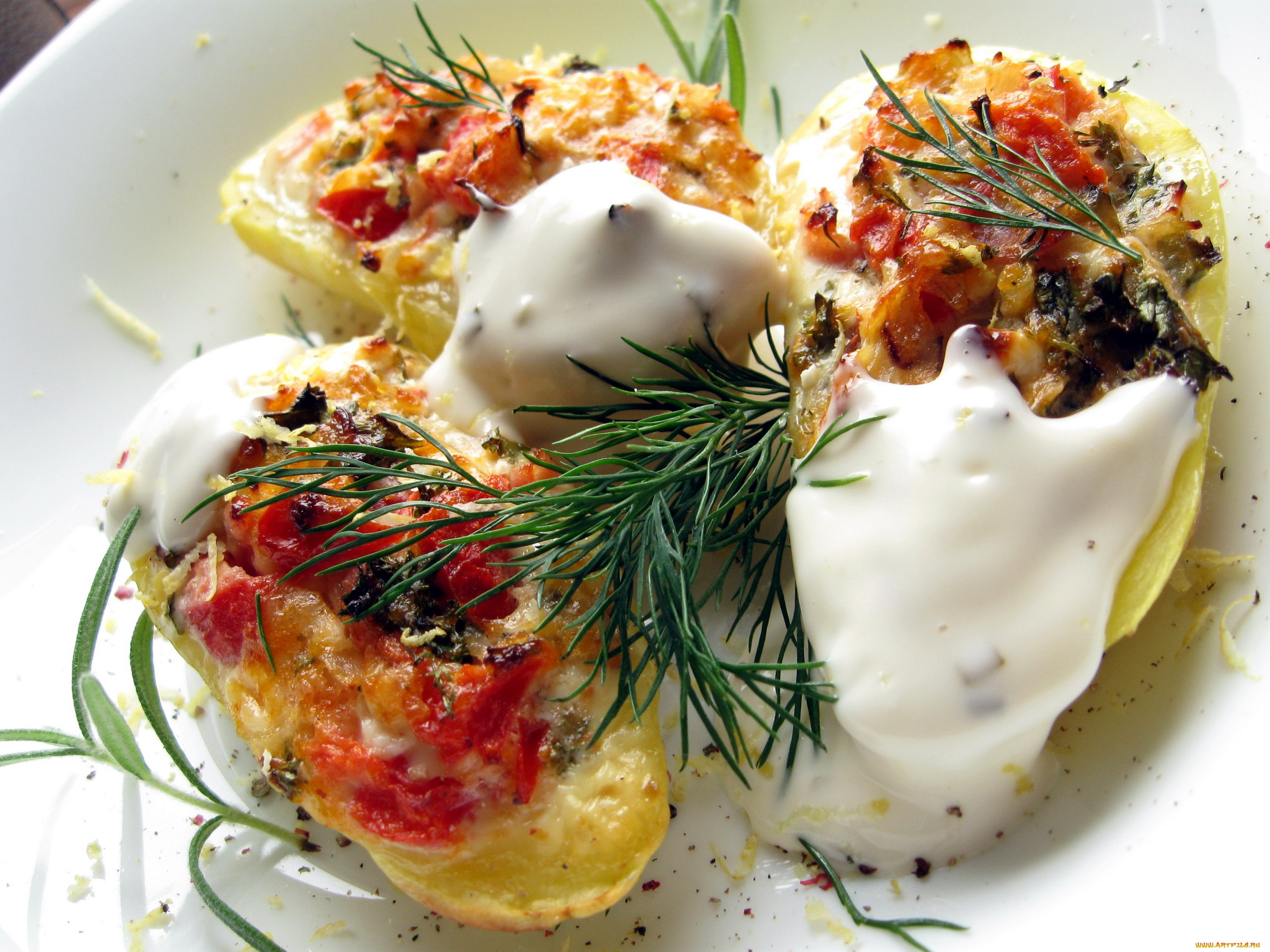 еда, картофель, соус, укроп, клубни, фаршированные