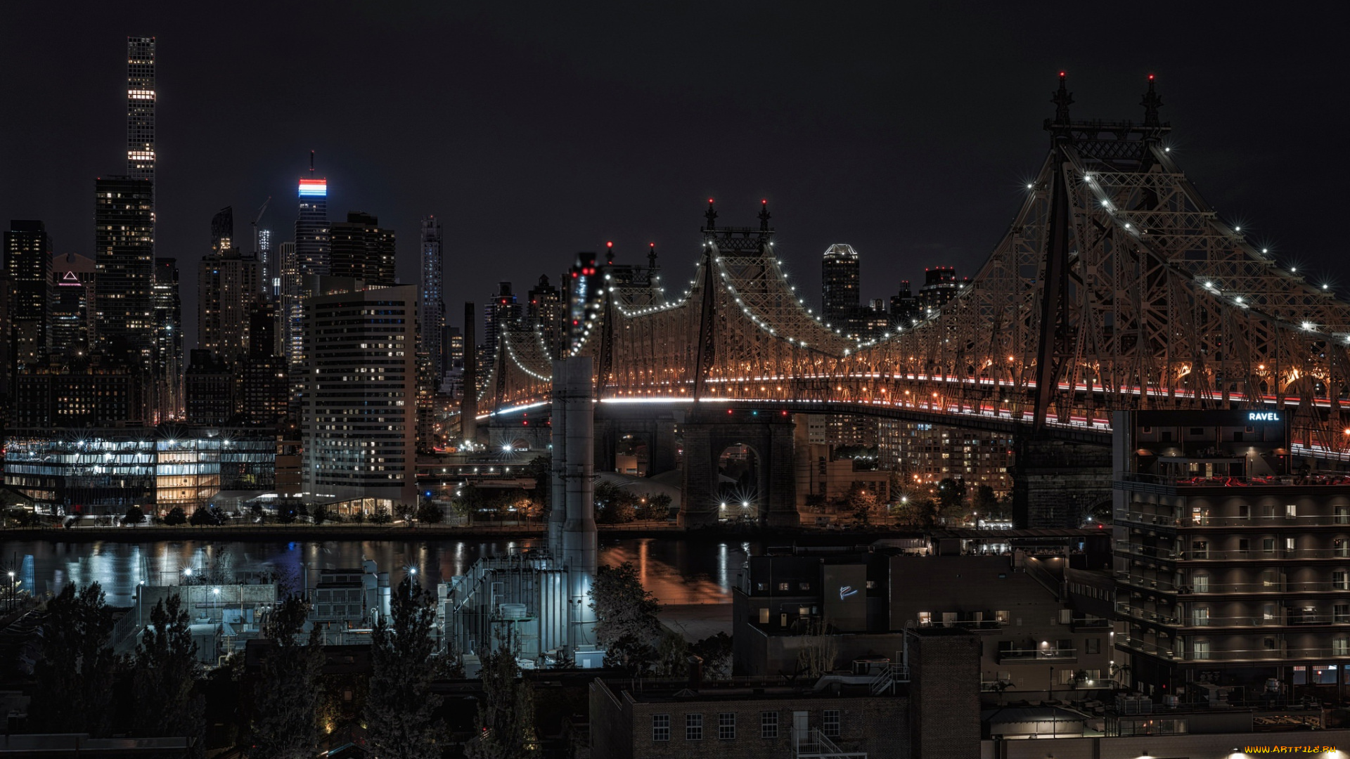 города, нью-йорк, , сша, roosevelt, island, new, york, ночь