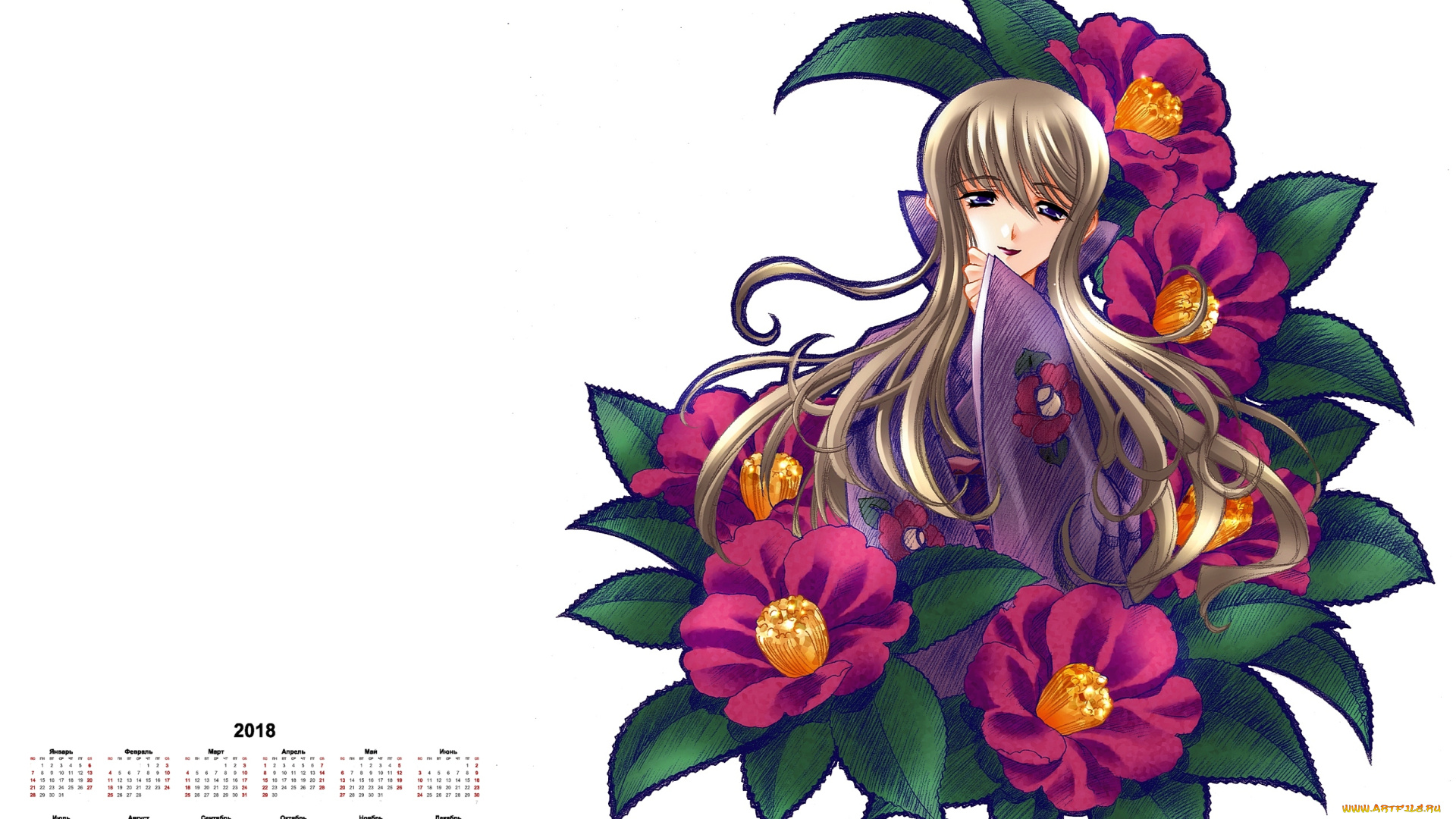 календари, аниме, 2018, девушка, лицо, взгляд, цветы