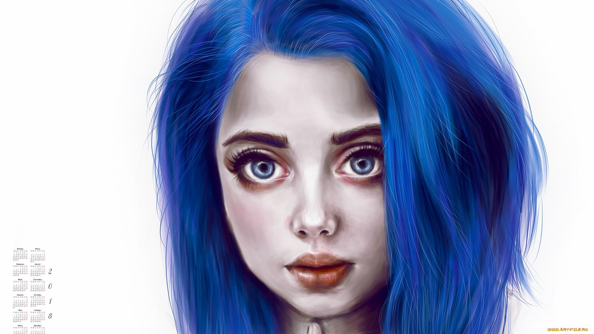 календари, рисованные, , векторная, графика, девушка, 2018, взгляд, лицо