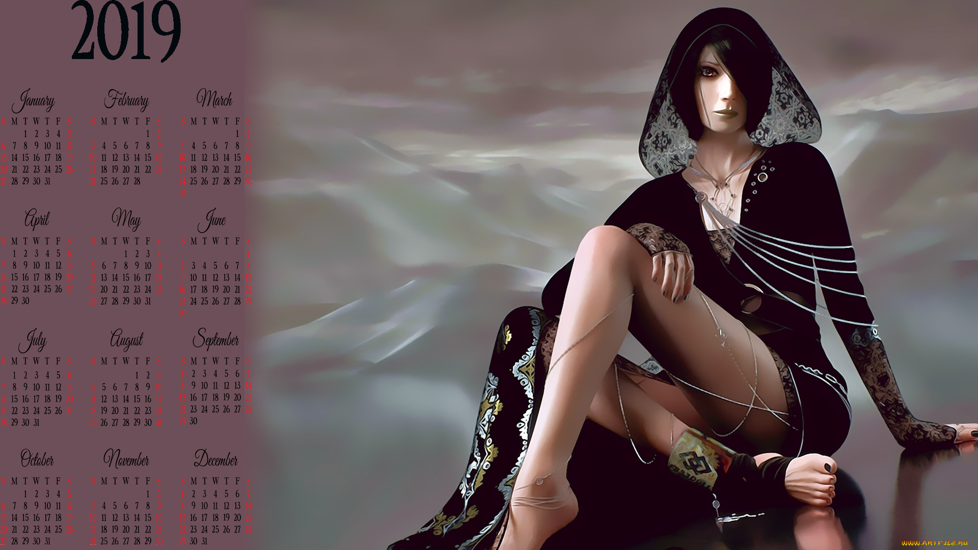 календари, 3д-графика, взгляд, девушка, украшение, капюшон