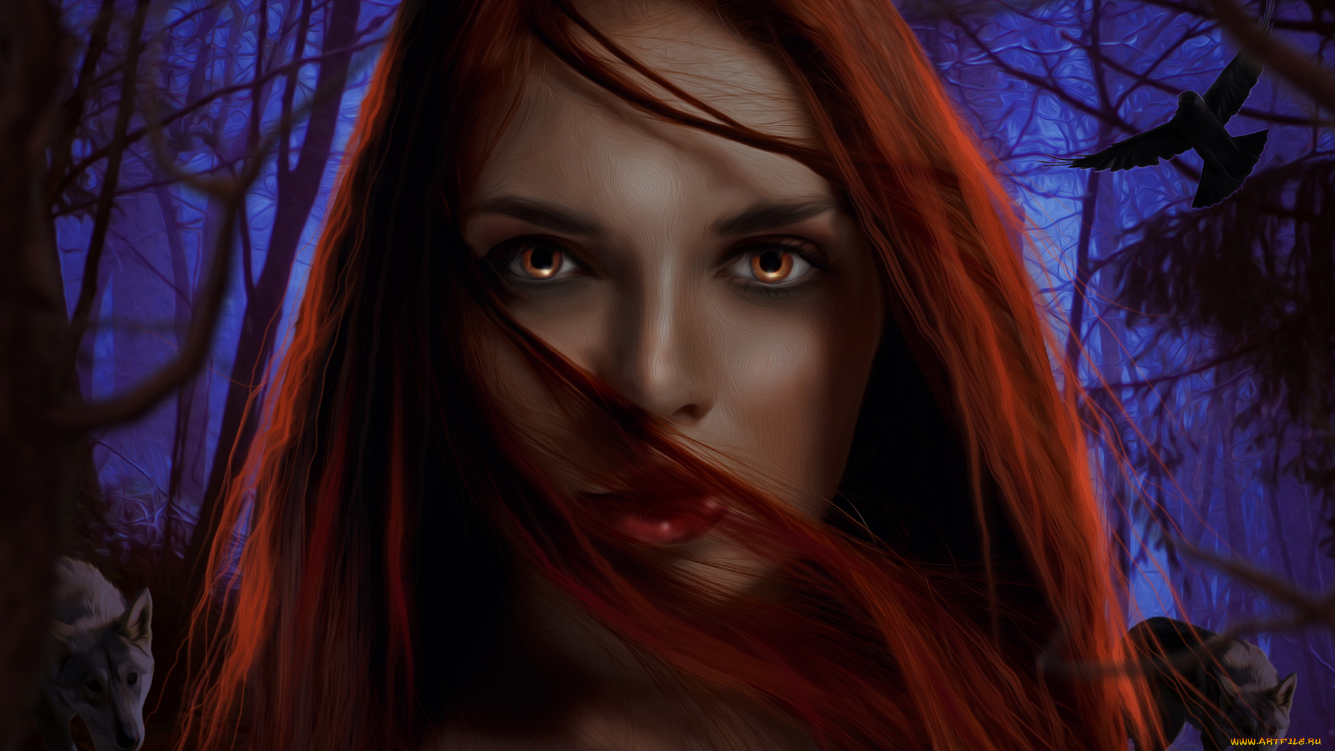 фэнтези, девушки, девушка, фон, взгляд, волк