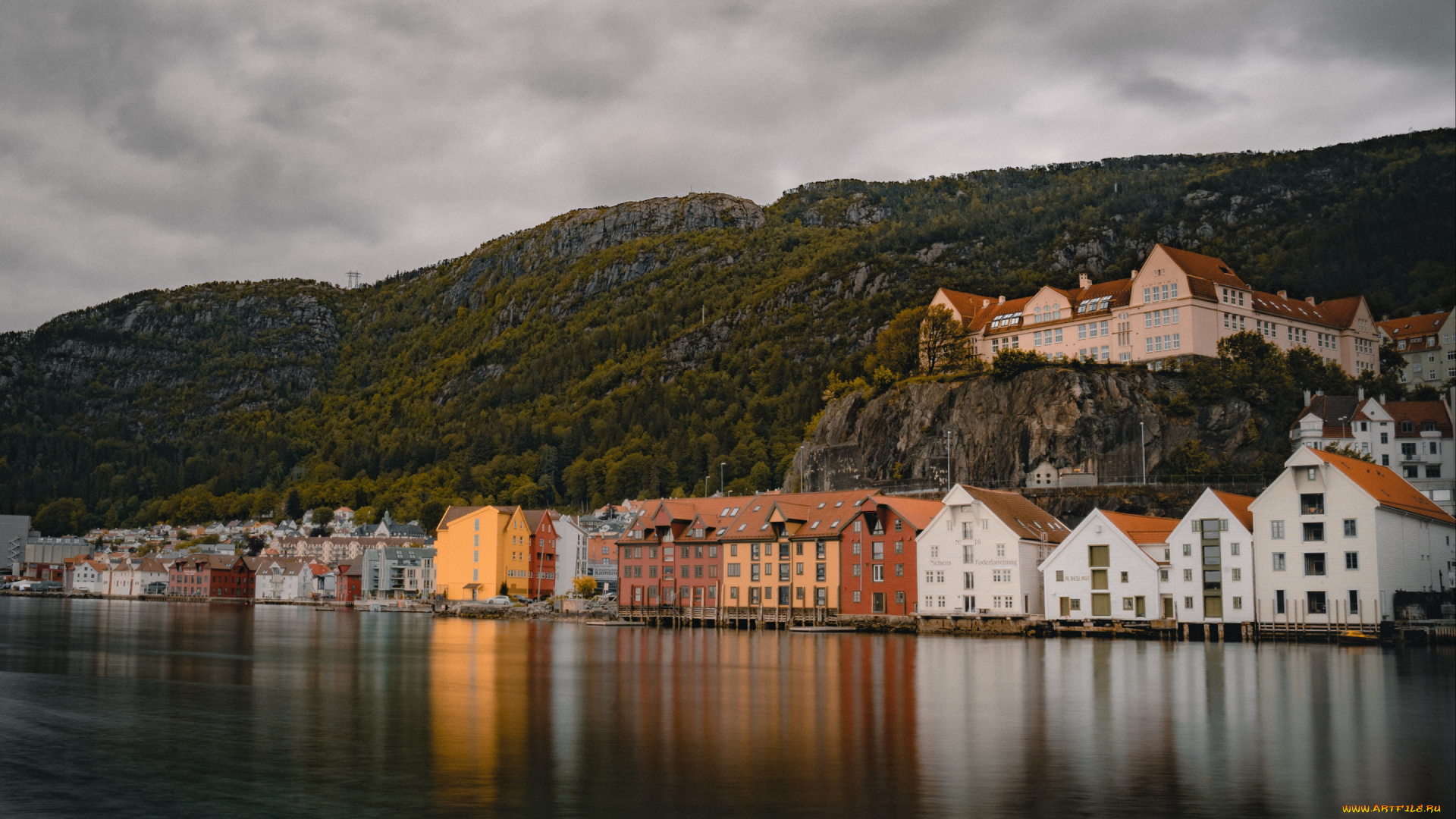 города, берген, , норвегия, вода, дома, горы