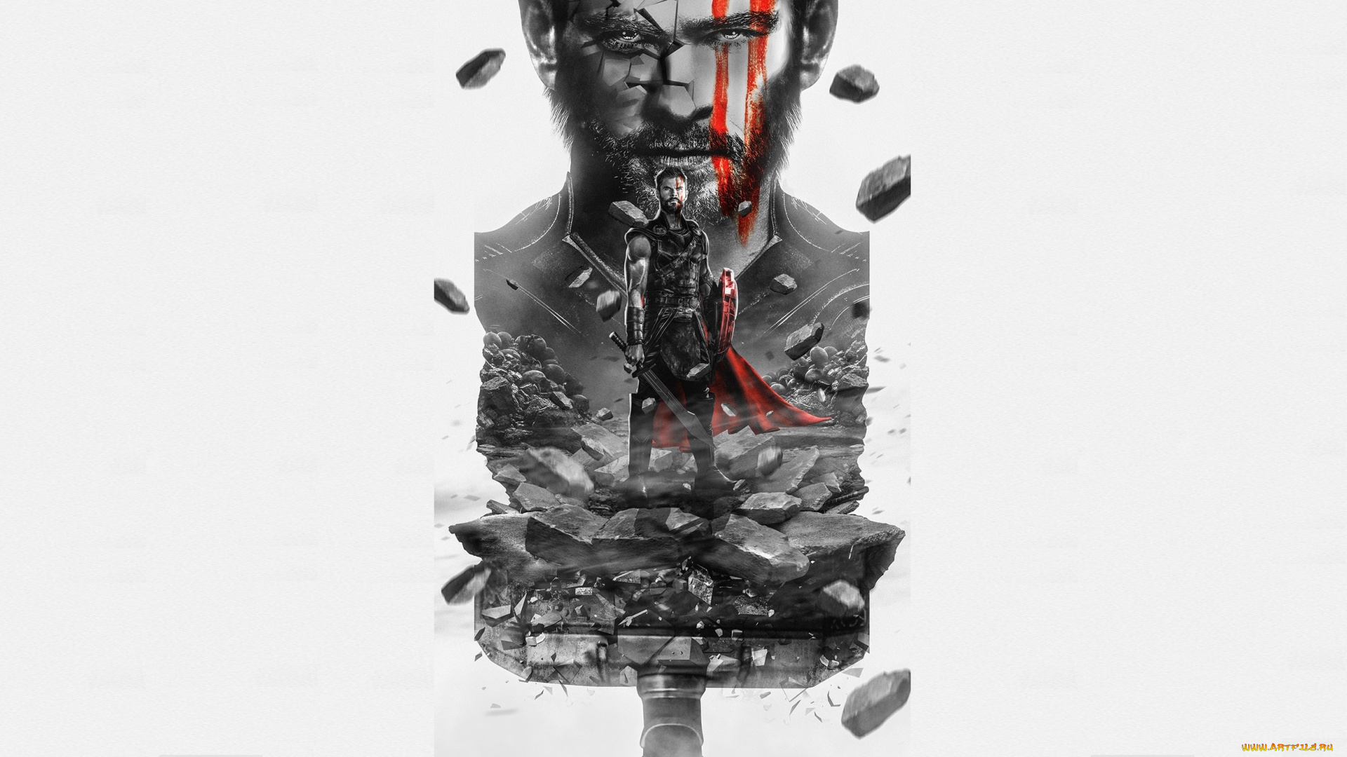 рисованное, кино, плащ, осколки, молот, тор