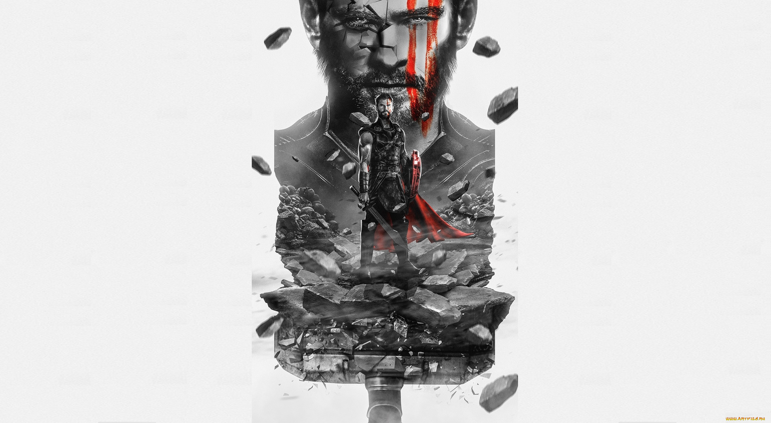 рисованное, кино, плащ, осколки, молот, тор