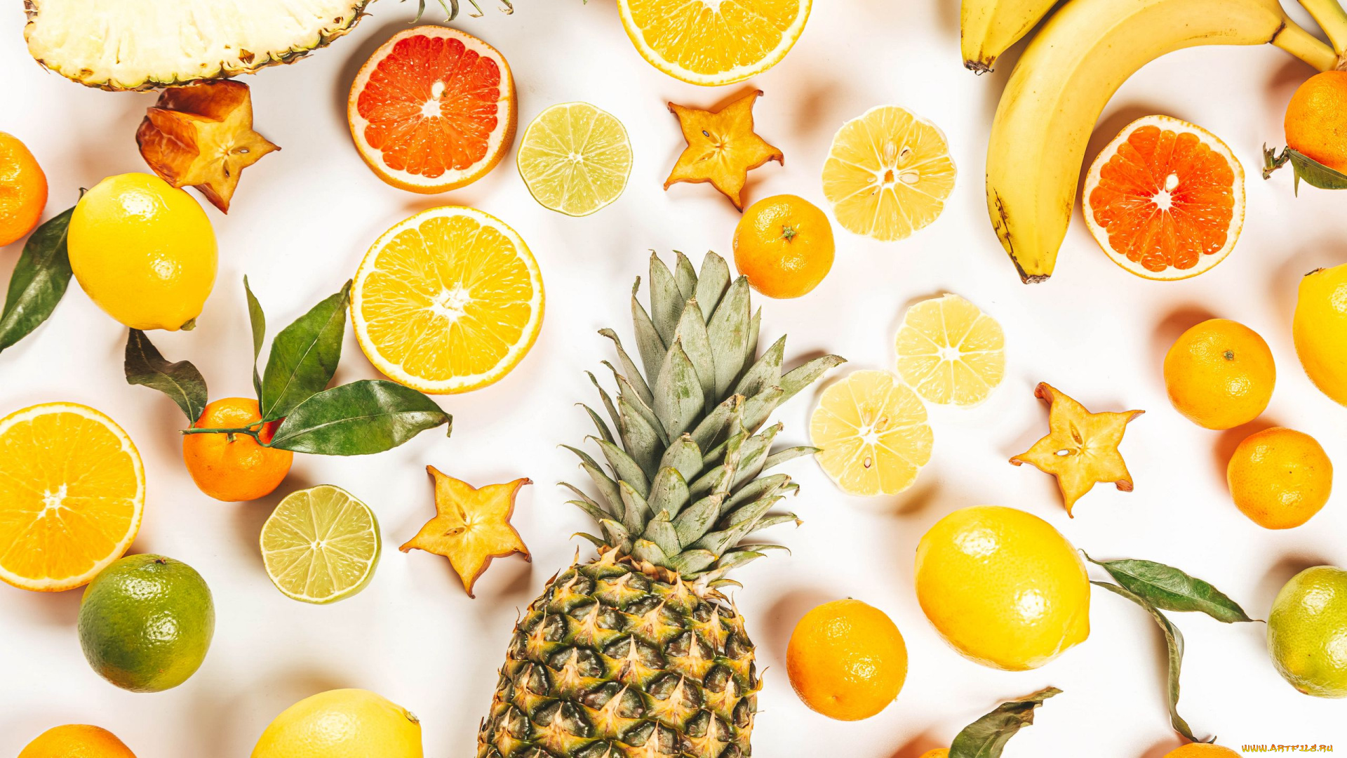 еда, фрукты, , ягоды, ананас, банан, цитрусы