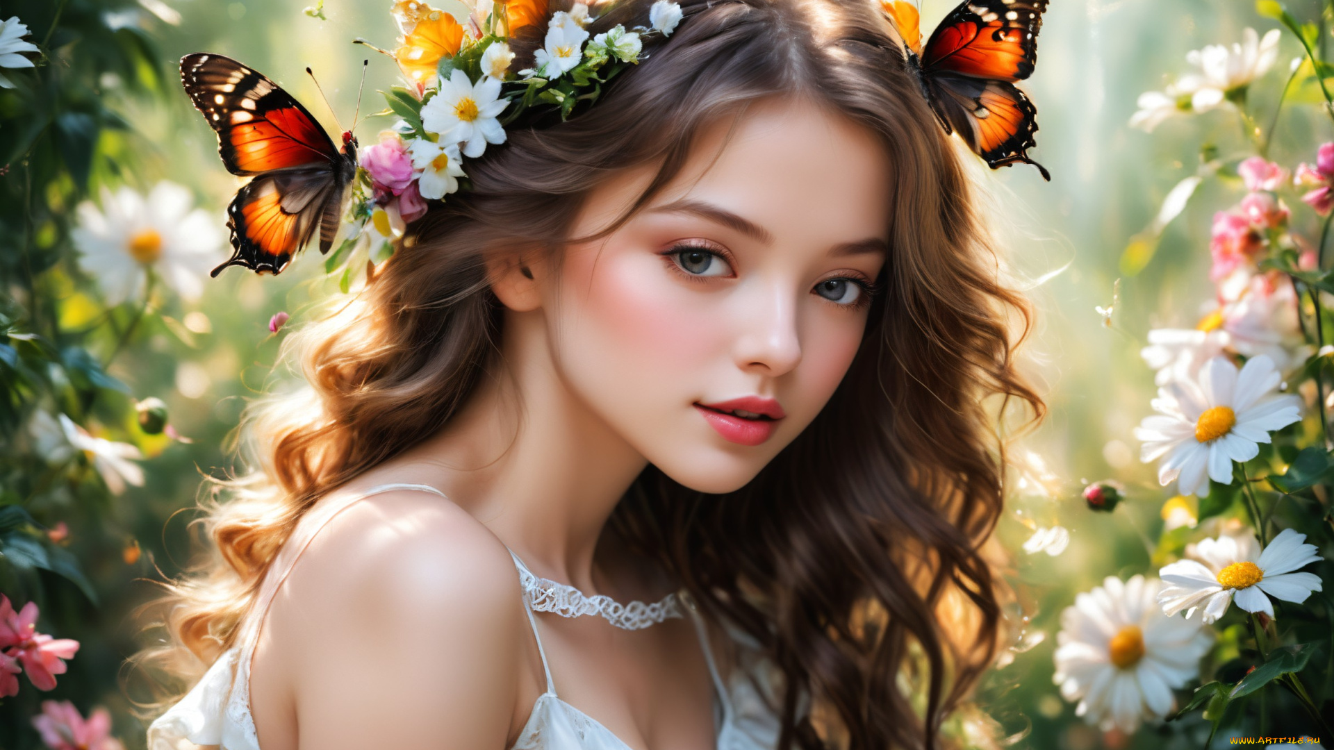 3д, графика, портрет, , portraits, нейросети, графика, нейроарт, ai, art, нейронные, сети, рисунки, нейро, искусство, нейрографика, graphics, neuroart, neural, networks, drawings, neuro, neurography, красивая, девушка, бабочки, цветы, венок, сказочная, атмосфера