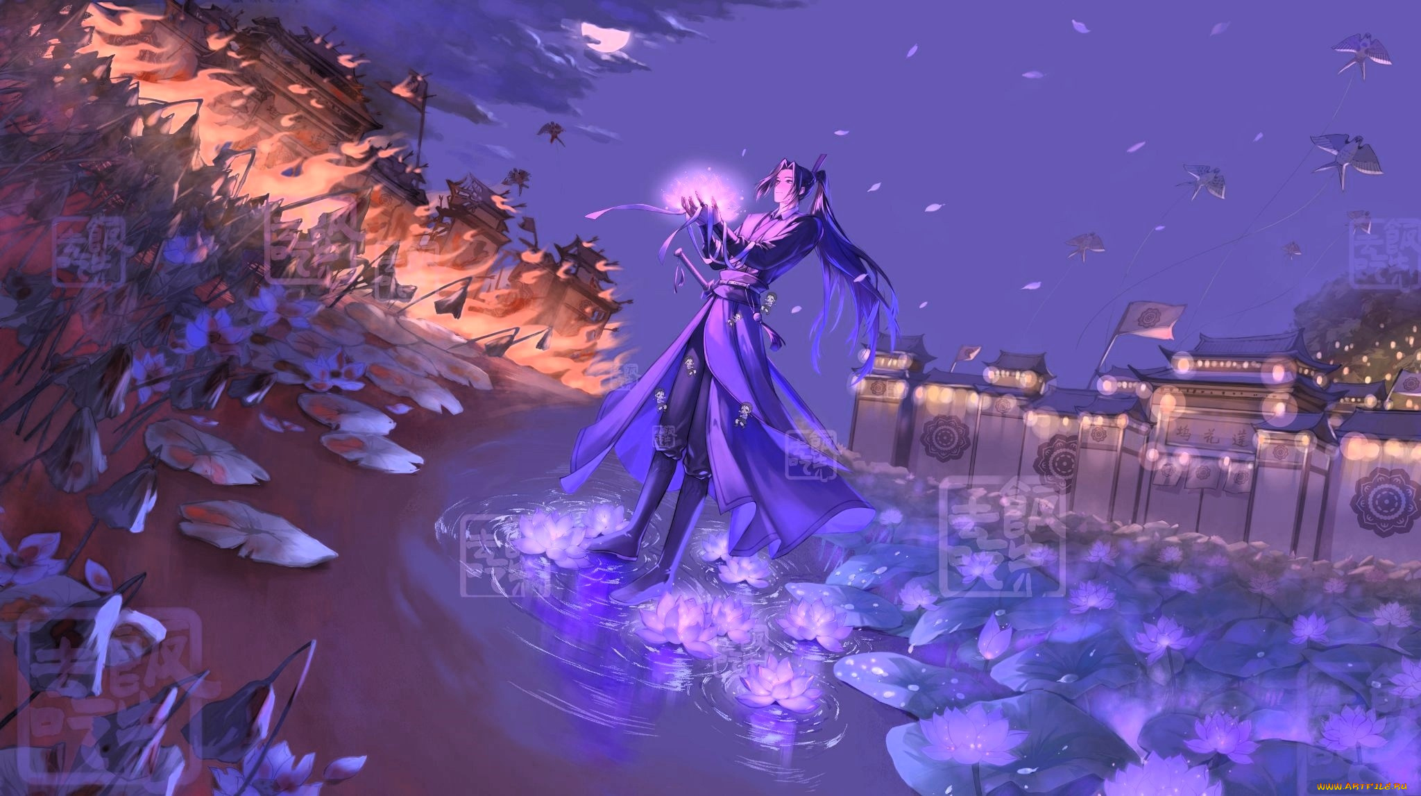 аниме, mo, dao, zu, shi, цзян, чэн, свет, огонь, крепости, птицы, лотосы