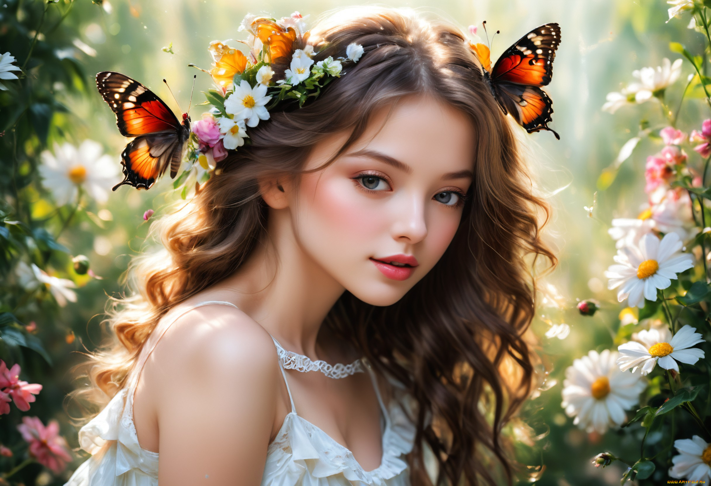 3д, графика, портрет, , portraits, нейросети, графика, нейроарт, ai, art, нейронные, сети, рисунки, нейро, искусство, нейрографика, graphics, neuroart, neural, networks, drawings, neuro, neurography, красивая, девушка, бабочки, цветы, венок, сказочная, атмосфера