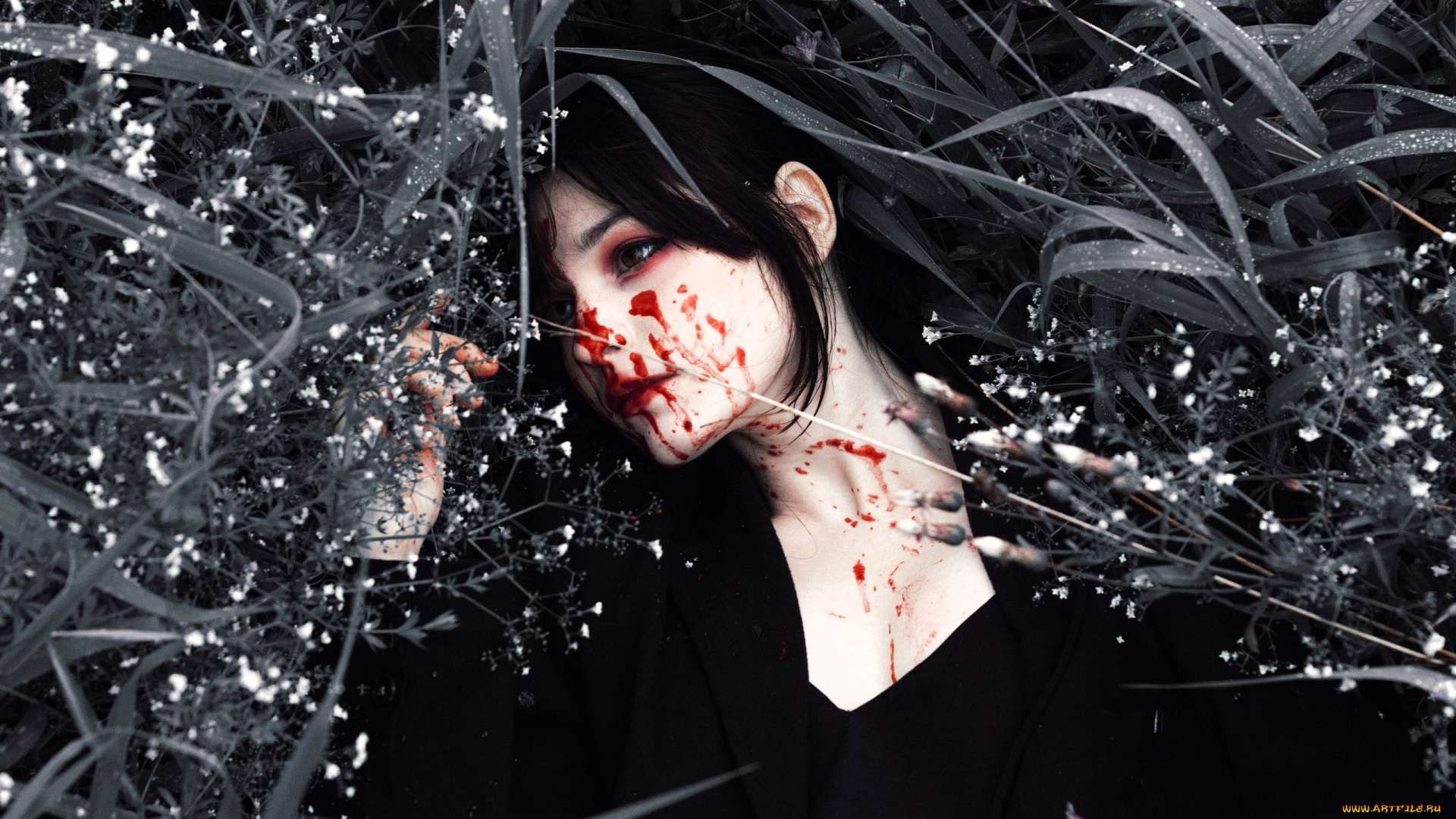 девушки, tenletters, брюнетка, кровь, трава