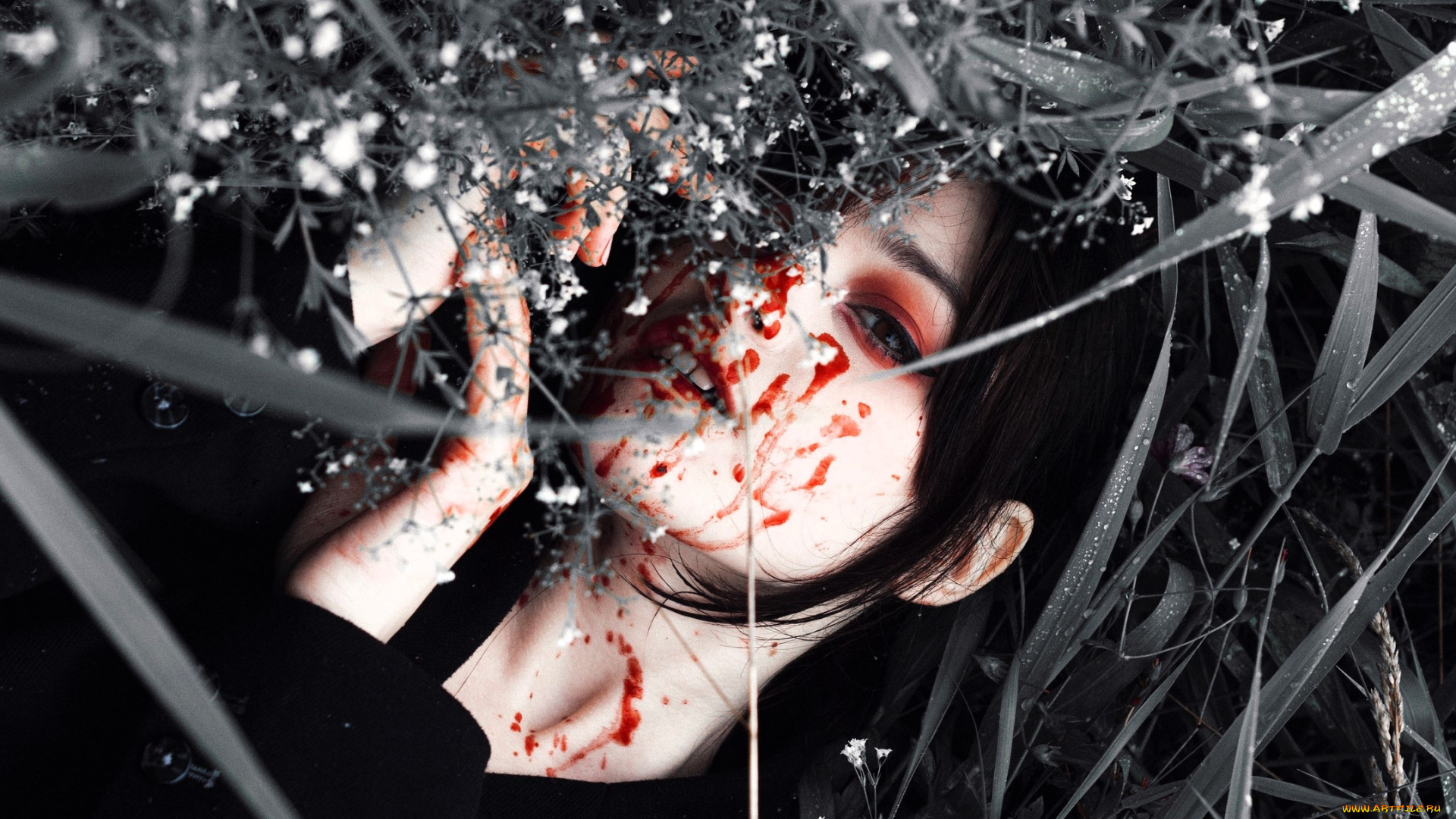 девушки, tenletters, брюнетка, кровь, трава