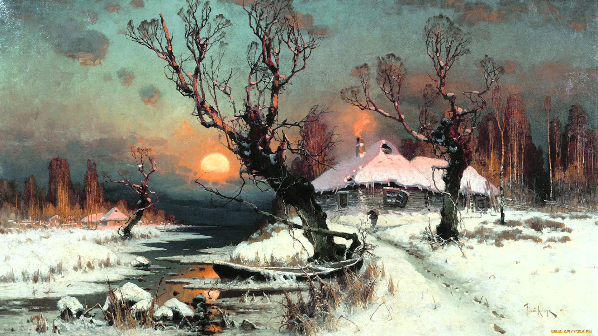 клевер, июлий, -, закат, солнца, зимой, рисованное, юлий, клевер, закат, дом, снег, деревья, зима, река