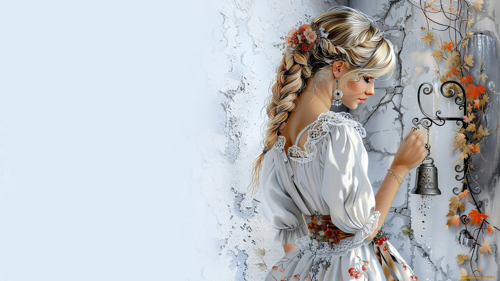 рисованное, люди, красивая, девушка, колокольчик